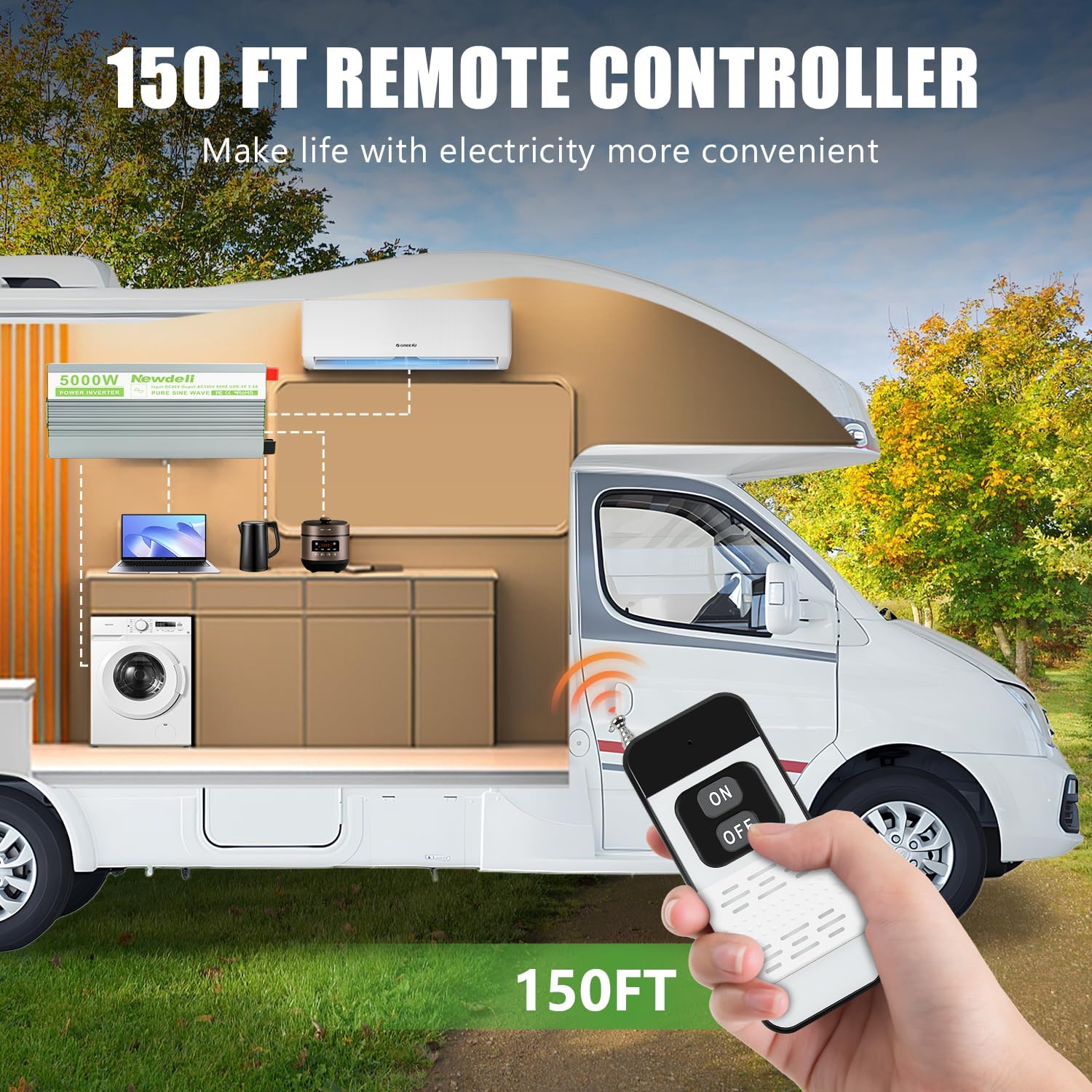 Newdeli 5000 Watt Pure Sine Wave Power Inverter 48V DC to 110/120V AC Converter with 4 AC Outlets, 3.4A USB, LCD Display, Remote Controller for Vehicle, Solar, Heavy Duty, RV, Truck, Off Grid, Camping