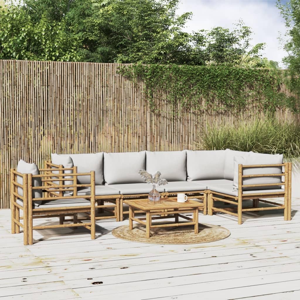 7 Piece Patio Lounge Set with Light Gray Cushions Bamboo,Elegant Bamboo Patio Lounge Set: Durable, Comfortable, and Modular Patio Furniture Sets, Outdoor Furniture Sets