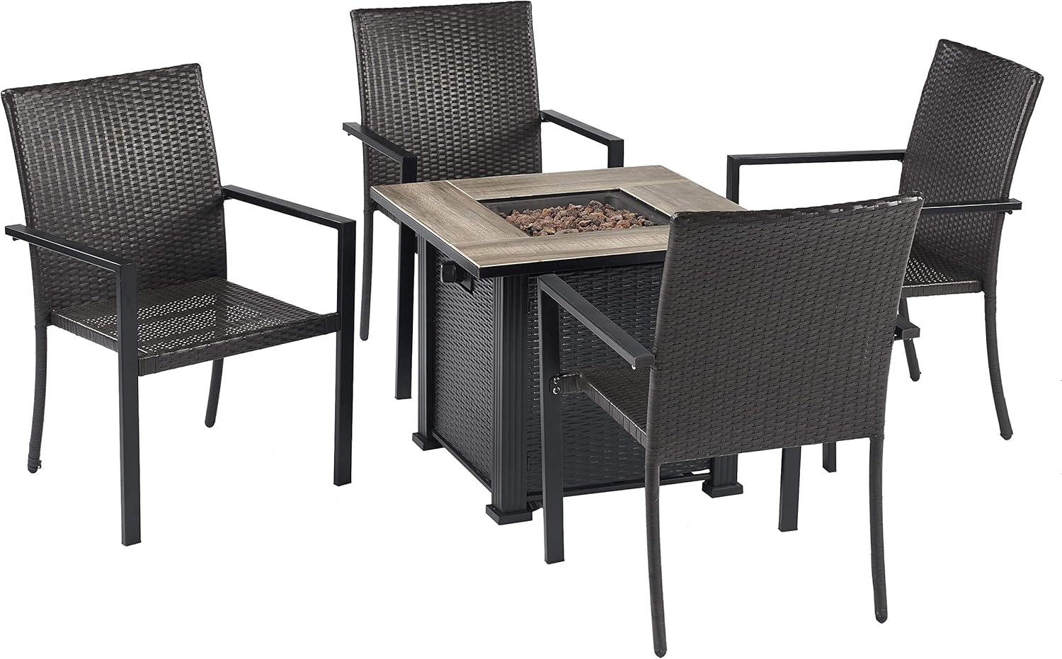 Outdoor Furniture 5-Piece Fire Pit Set, All-Weather Resin Wicker Sofa with Metal Frame, 30-inch Square Top Fire Pit Has Wood-Look Table Surround and 50,000 BTU Stainless Steel Burner