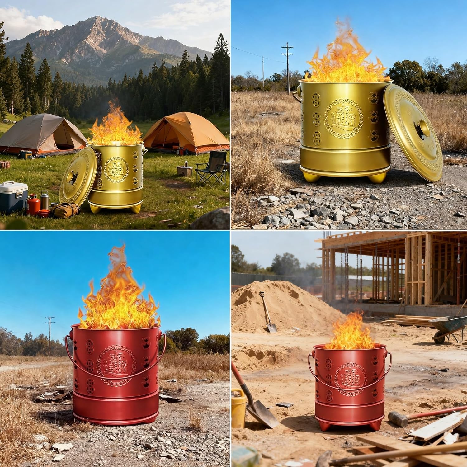 Stainless Steel Burning Barrel Portable Cremation Fire Pit Covered Incinerator with Tripod Base and Ventilation Hole Rust-Resistant Suitable for Outdoor Burning of Garbage and Leaves(Red,49x45cm)