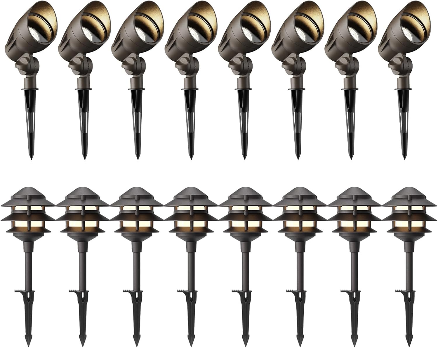 GOODSMANN Landscape Lighting Kit 8PK Pathway Lights & 8PK Outdoor Spotlight 5W LED Flood Lights with Cable Connectors Metal Stakes