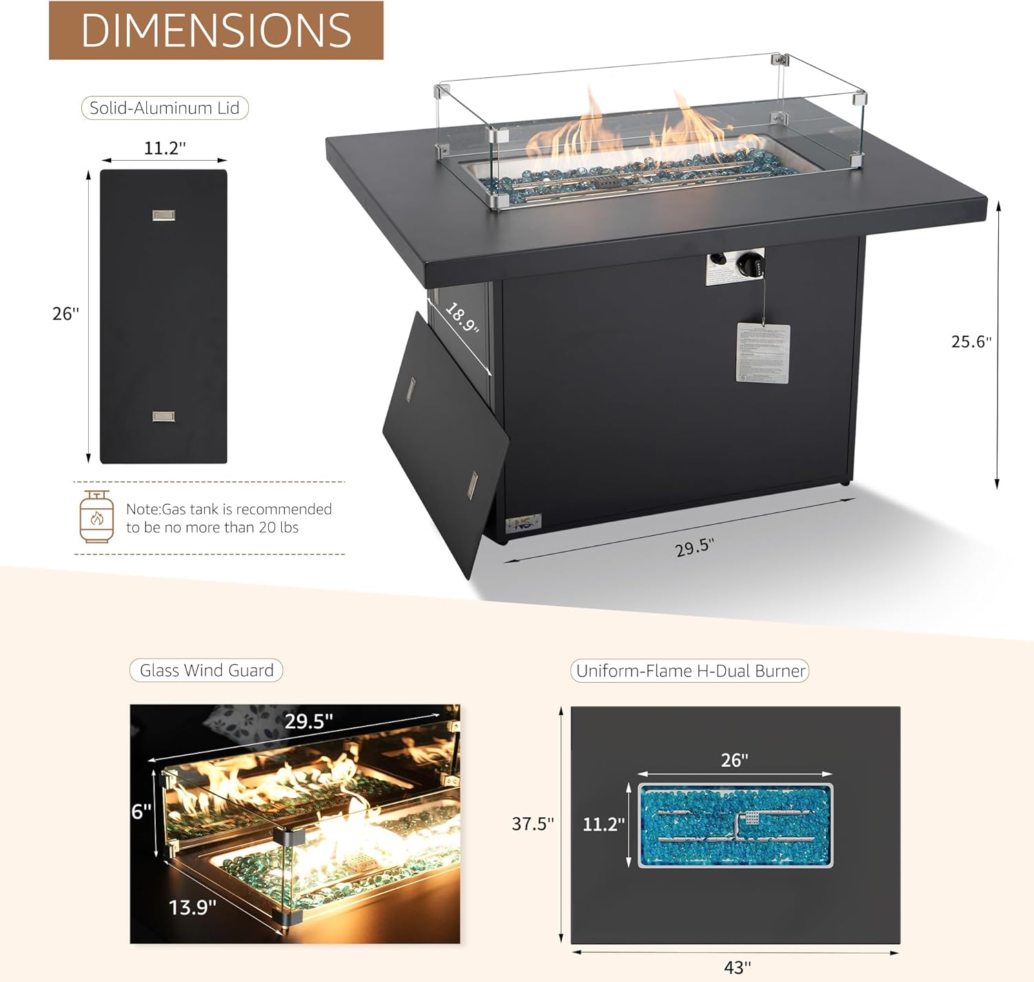 NICESOUL 43'' Aluminum Fire Pit Table, 60,000 BTU Propane/Natural Gas Outdoor Firepit with Wind Guard & Glass Rocks, All-Weather Rectangular Fireplace for Outside Patio CSA-Certified, Ember Black