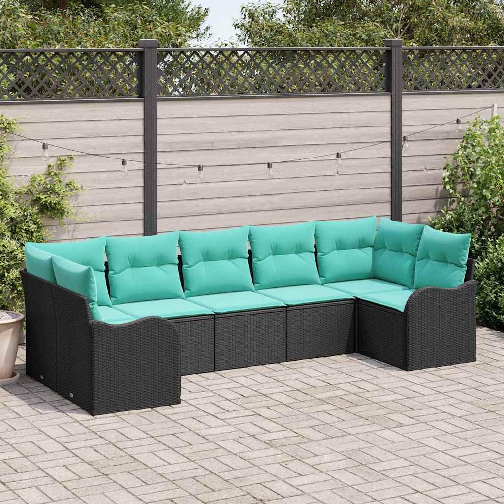 Black Poly Rattan Garden Sofa Set, Modular Outdoor Patio Furniture Seating, UV-Resistant, Lightweight, Easy Assembly for Deck, 7-Piece
