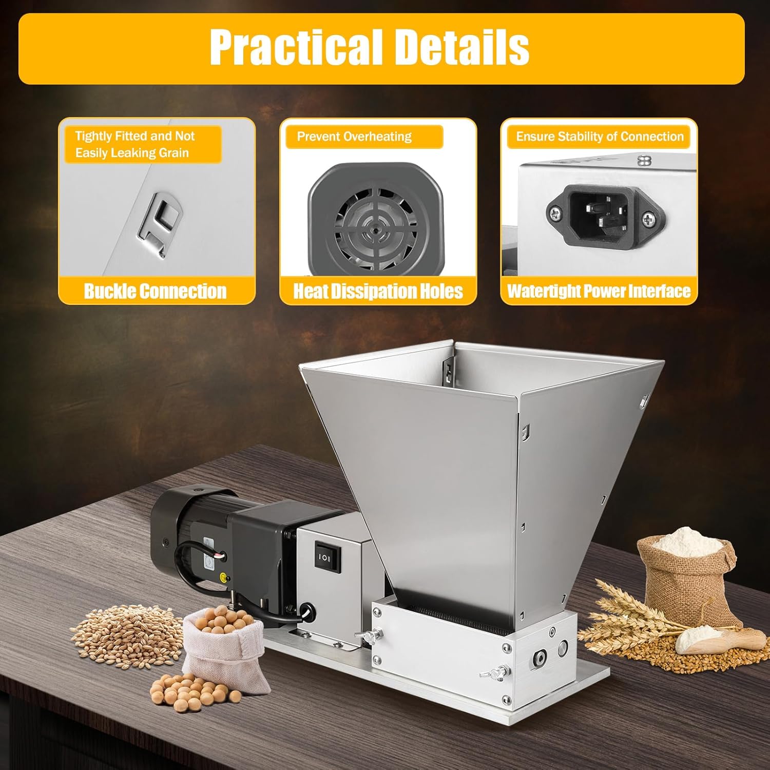 Grain Electric Grinder Mill, 110V 60W Grain Mill Malt Crusher for Rice Corn Coffee, Wheat Feed Multifunctional Milling Machine Stainless Steel Roller 4 Hoppers