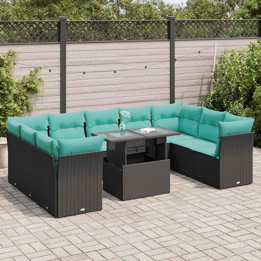11 Piece Patio Sofa Set with Cushions Black Poly Rattan Acacia, Modular Outdoor Furniture with Removable Washable Covers and Storage Function