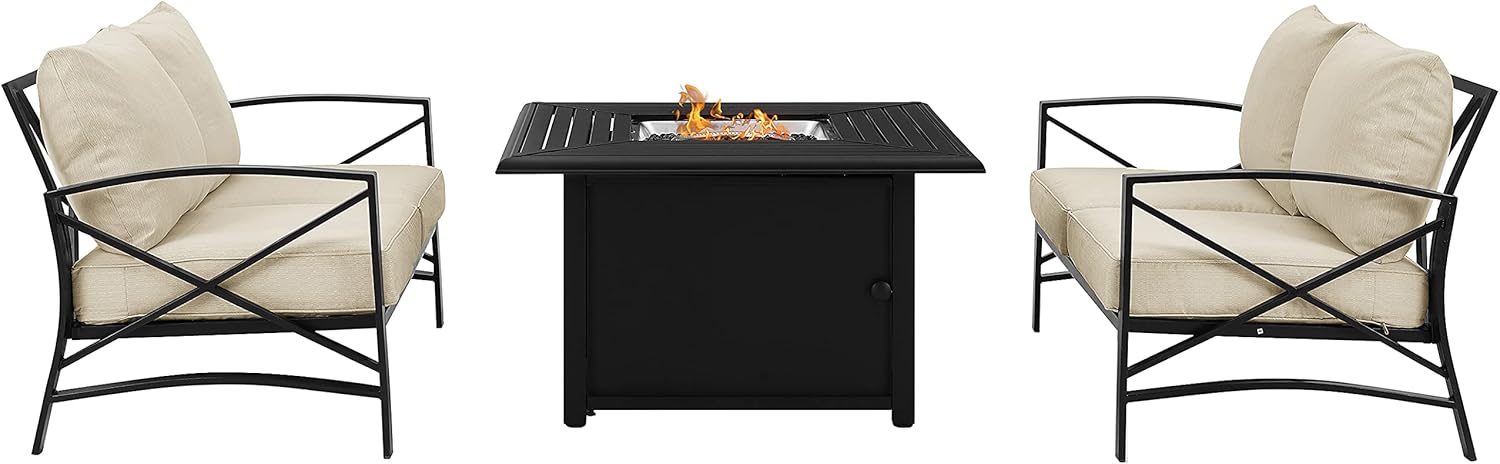 Crosley Furniture Kaplan 3-Piece Outdoor Loveseat Patio Furniture Set with Propane Gas Fire Pit Table, Oiled Bronze with Oatmeal Cushions