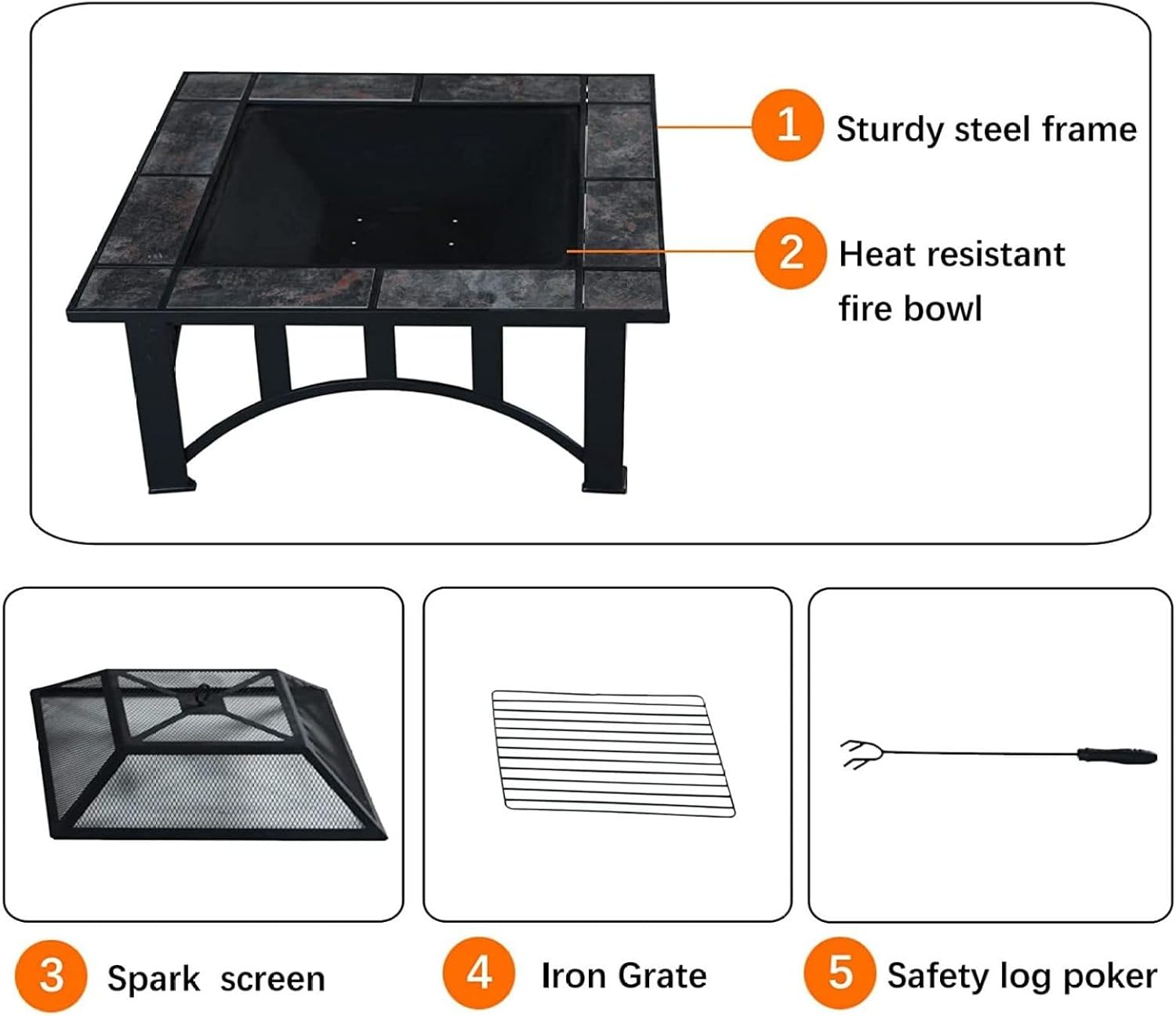 35 Inch Outdoor Patio Fire Pit Table, Wood Burning Square Marble Tile Top, Durable Alloy Steel Fire Table for Backyard, Garden, and Outdoor Gatherings