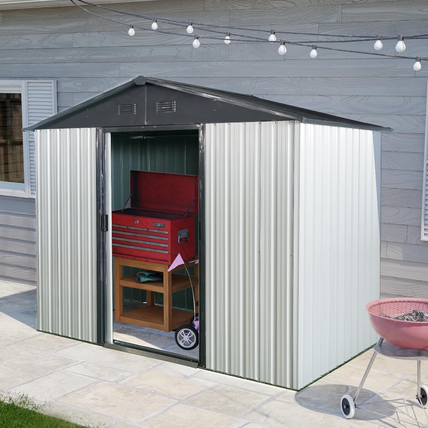 Outdoor Storage Shed with Lockable Doors & Sloping Roof,Weatherproof Tool Shed Metal Garden Shed with Air Vent for Backyard,Patio,Lawn,White+Black