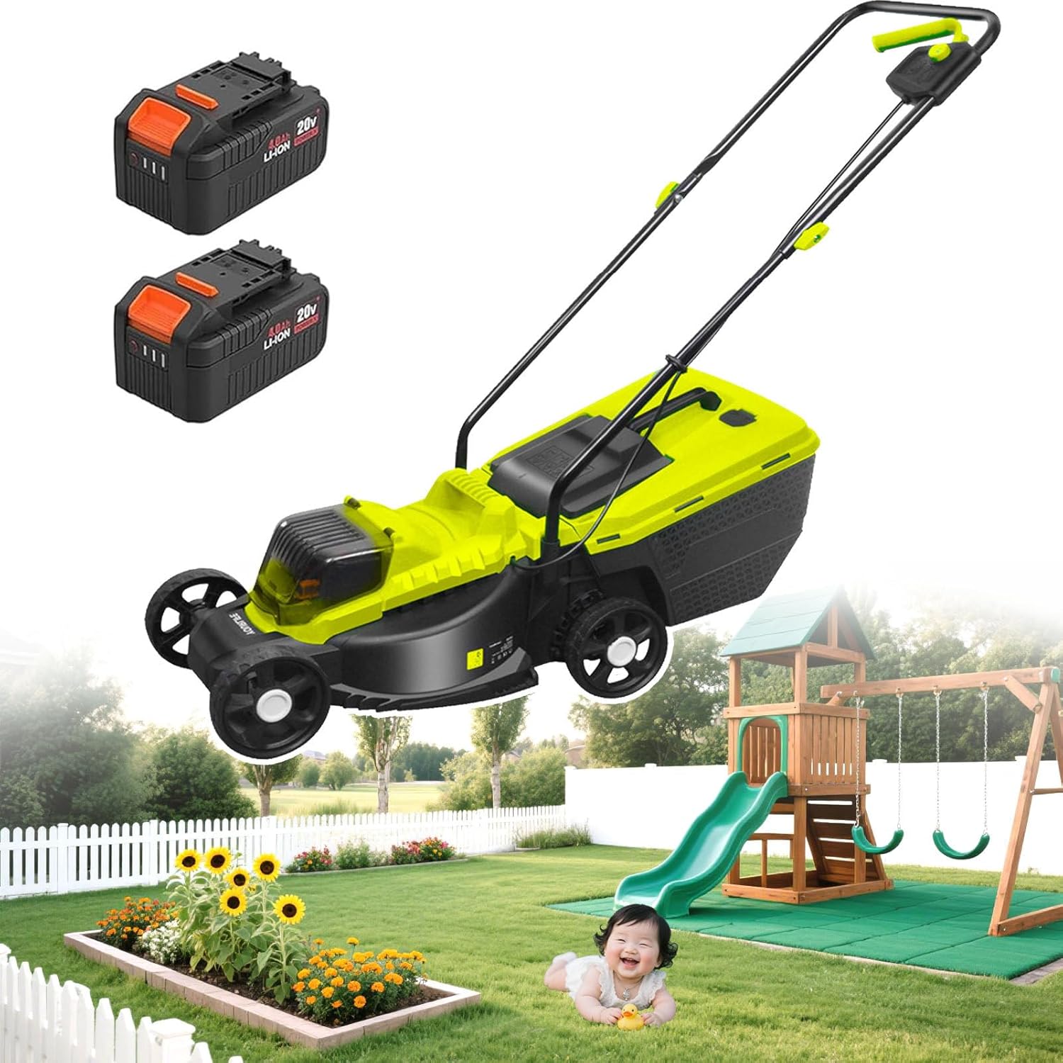 Cordless Push Lawn Mower with 40L Grass Box, 40V Battery Powered Grass Cutting Machine, 30mm/50mm/70mm Adjustable Cutting Heights, 4000mAh Battery, for Backyard Gardens, Lawns,Battery*2