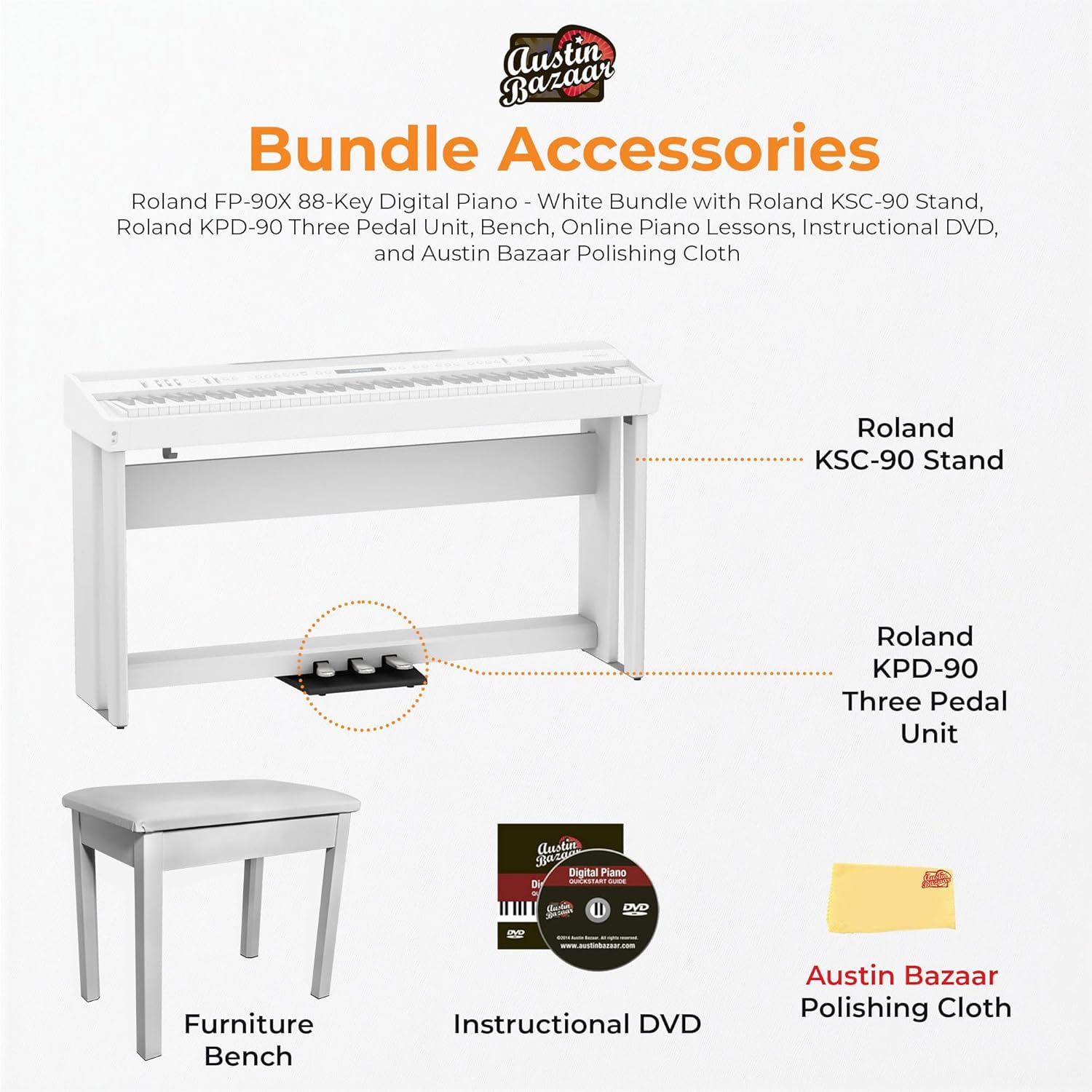 Roland FP-90X 88-Key Digital Piano - White Bundle with KSC-90 Stand, Three Pedal Unit, Bench, Online Lessons, Instructional DVD, and Austin Bazaar Polishing Cloth