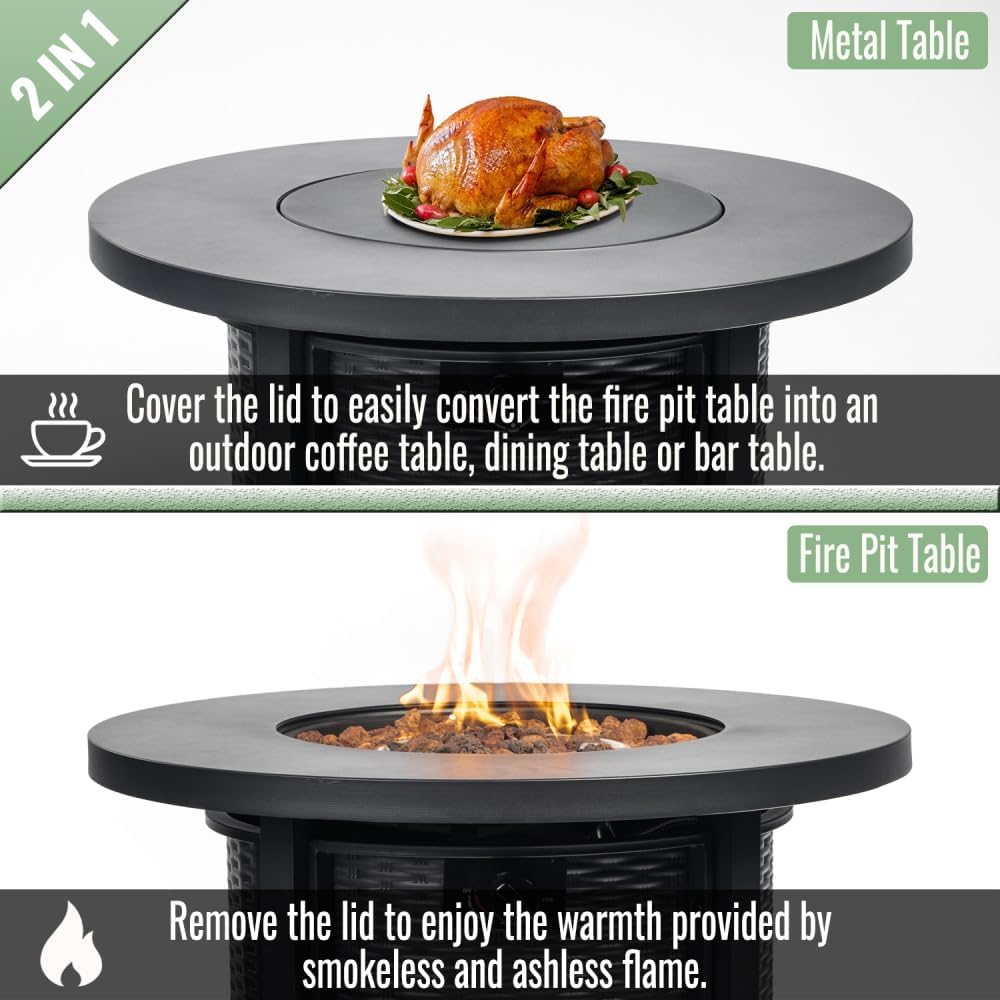 Propane Gas Fire Pit Table – 50000 BTU, Steel Rust-Proof Body, Electronic Ignition, with Lava Rocks/Weatherproof Cover/Regulator, for Patio/Garden/Courtyard (Black) ﻿ (30