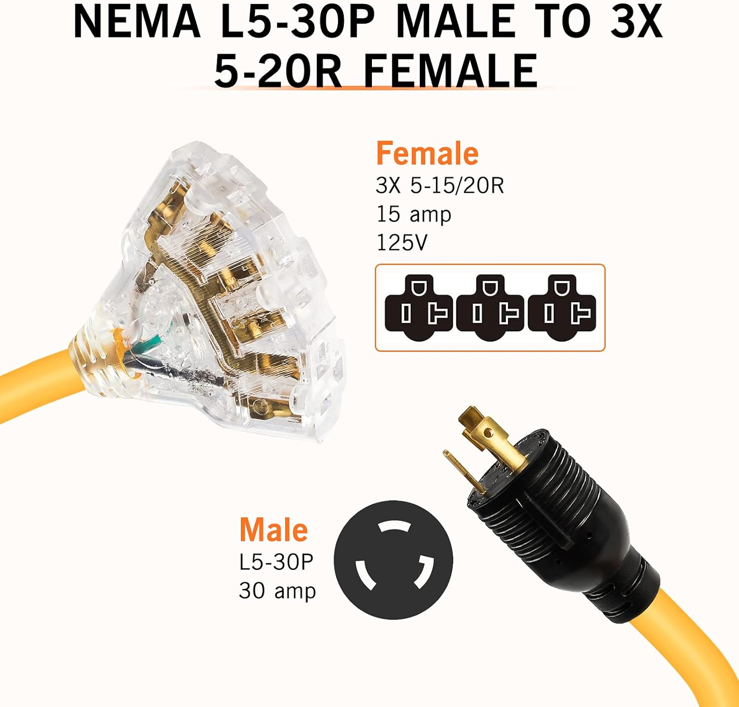 MAYITOP 3 Prong Adapter Generator Power Cord, Nema L5-30P Male to 3X 5-20R Female Adapter Plug, Adapter Generator Power Cord with Lighted End 1.5 FT 30 Amp
