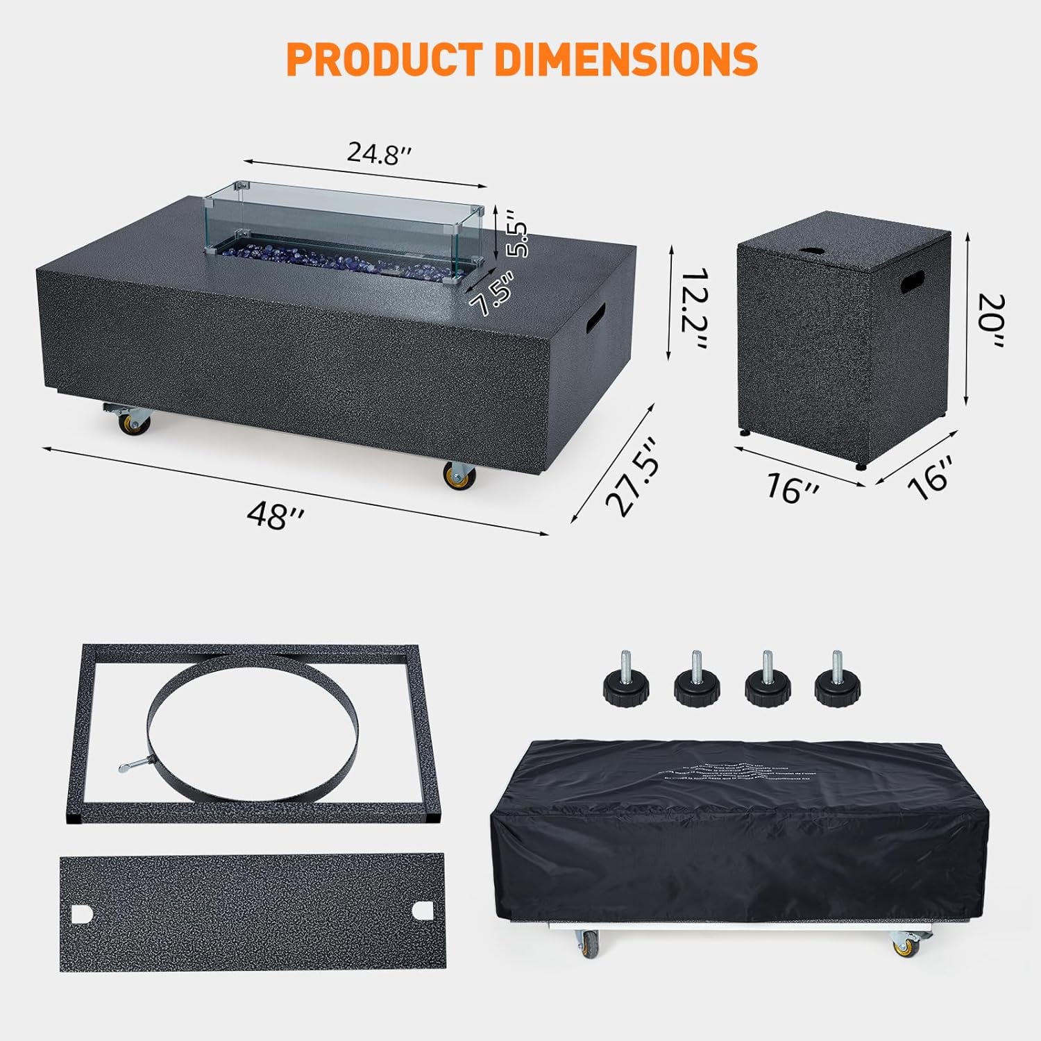 48 Inch Propane Fire Pit Table with Wind Guard and Rain Cover, Glass Beads, Sturdy Steel Anti-Rust Finish, CSA Safety Certified Outdoor Firepit for Patio Yard Garden-Black