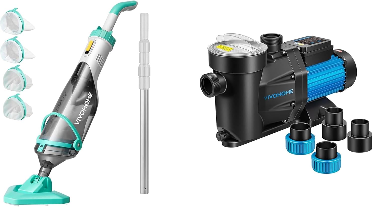 VIVOHOME Cordless Pool Vacuum 60 Mins Running Time Powerful Suction up to 18.5 GPM with VIVOHOME 2.0 HP Powerful Self Primming 7140 GPH Swimming Pool Pump w/Timer for in/Above Ground Pool