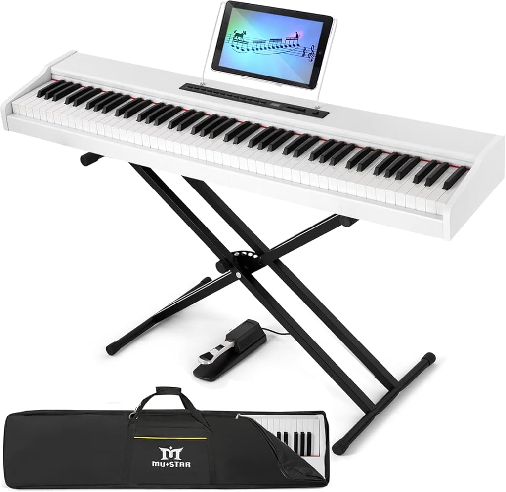 MUSTAR Piano Keyboard 88 Key Weighted Keyboard, Digital Keys Semi Weighted with Stand, Full Size Electric Bluetooth Connection, Portable Case, Sustain Pedal, MDF, White Touch-response Key