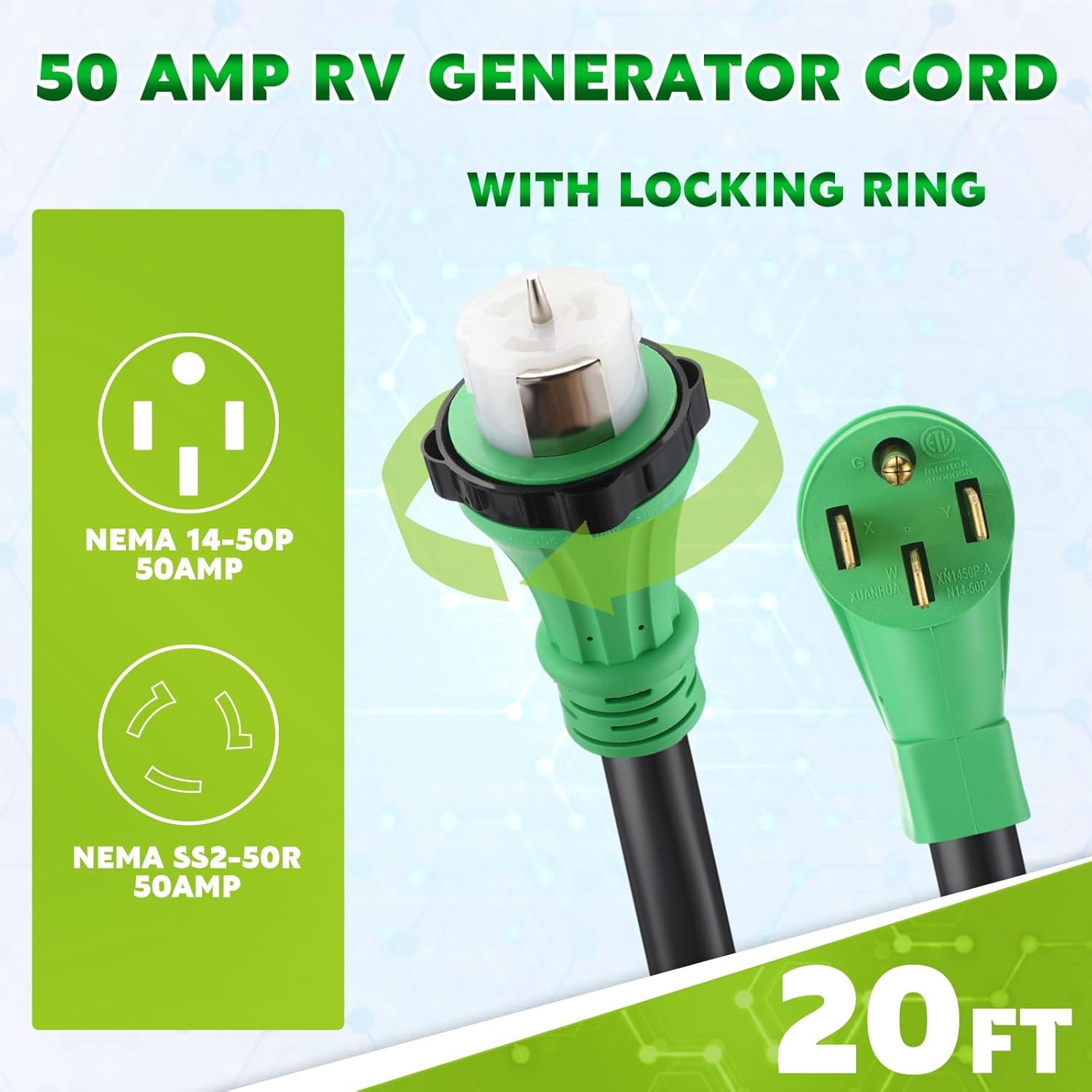 Gisafai 50 Amp 20FT Generator Cord and Pre Drilled Power Inlet Box Compatible with NEMA 14-50P to SS2-50R 125/250V Locking Connector with SS2-50P Generator Inlet Box to House, ETL Listed