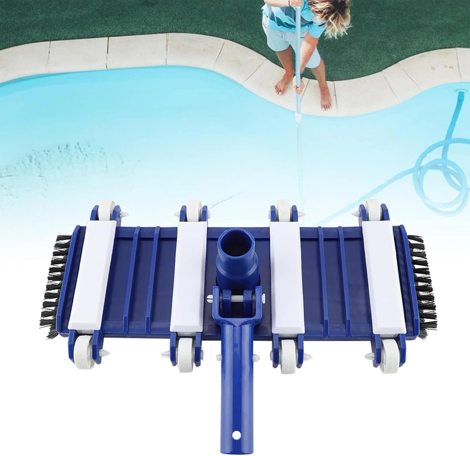 Pool Vacuum Head, Flexible Pond Vacuum Head with 4 Weighted Plates and Wheels Side Cleaning Brushes for Inground Above Ground