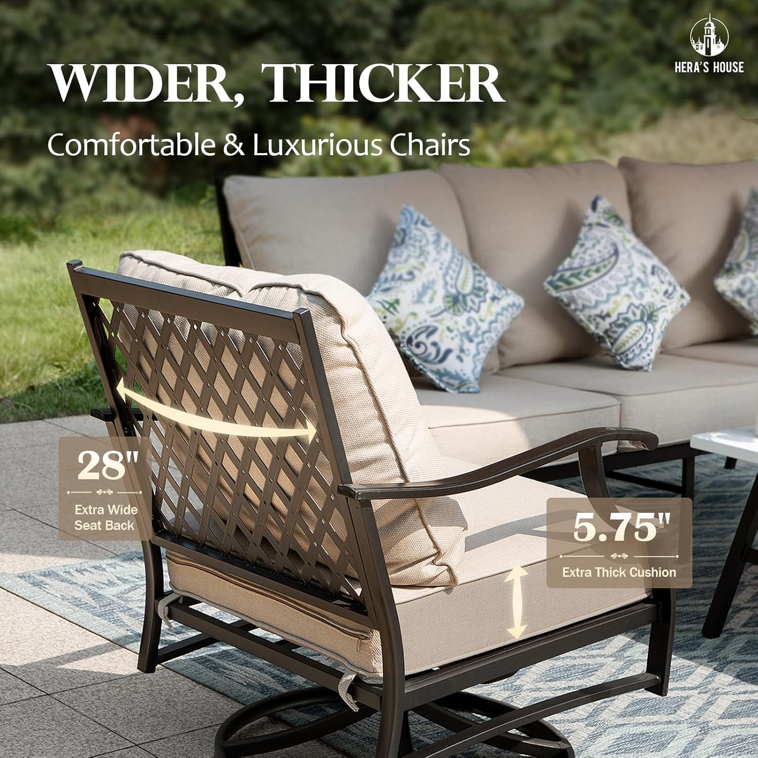 HERA'S HOUSE 4 Pieces Patio Furniture Set with Fire Pit Table, 2 x Swivel Cushioned Chair, 3-Seat Sofa with 46