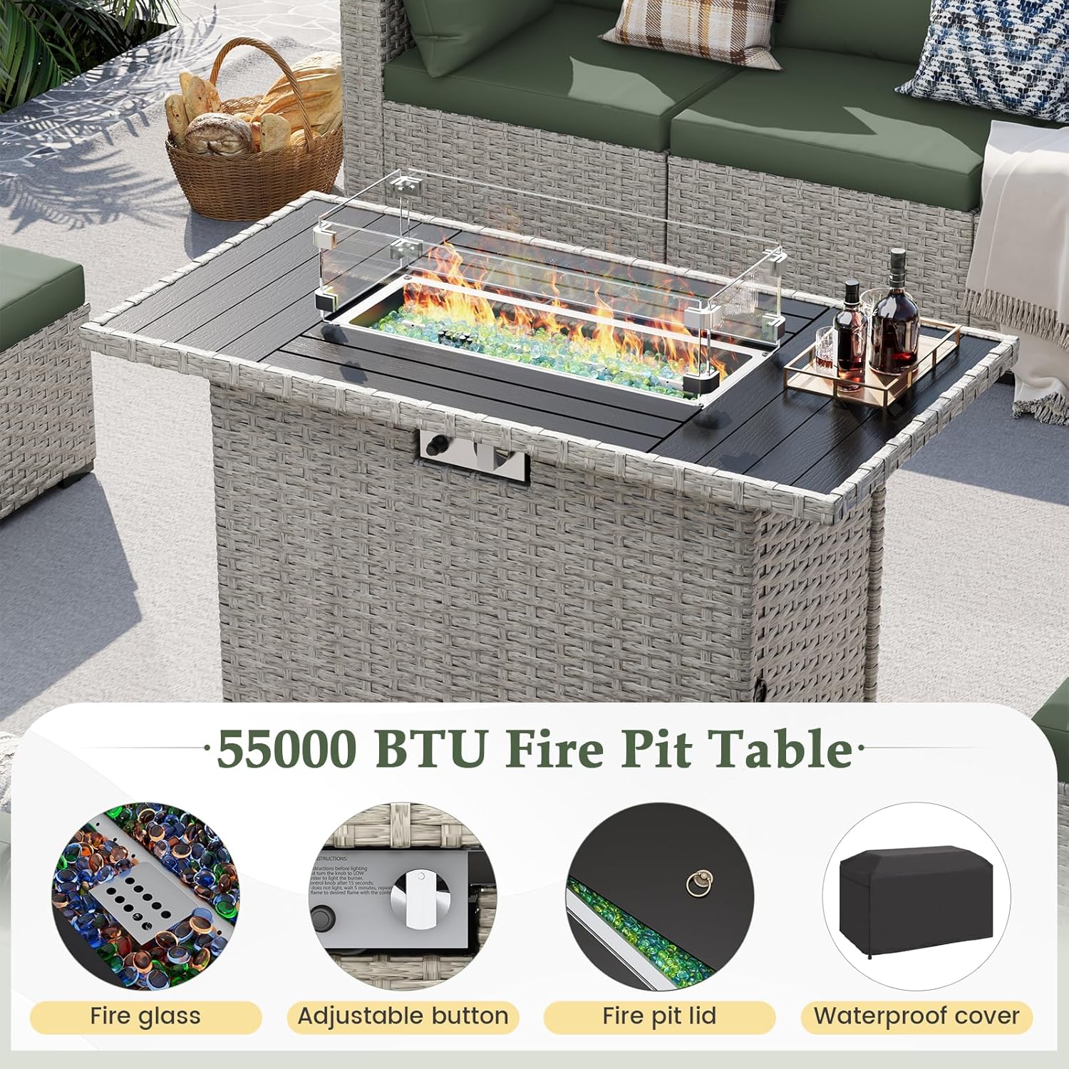 UDPATIO Patio Furniture Set with Fire Pit Table, 8 Pieces Outdoor Sectional Sofa, PE Wicker Patio Conversation Set for Garden, Backyard Green