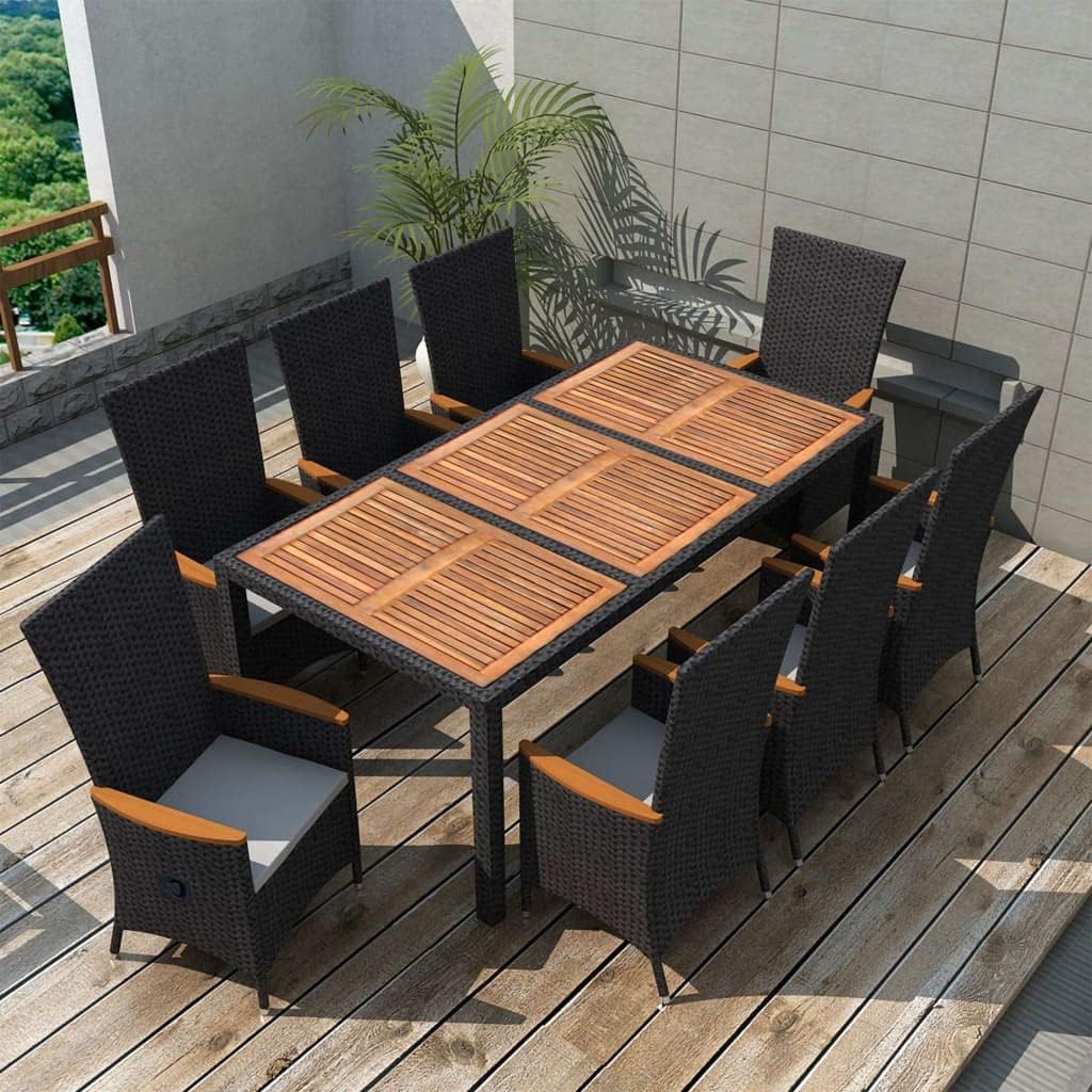 9 Piece Patio Dining Set Poly Rattan Acacia Wood Black,Stylish Modern Patio Dining Set with Reclining Chairs in Black Rattan (8 Chairs) Furniture Sets for Patio, Lawn & Garden
