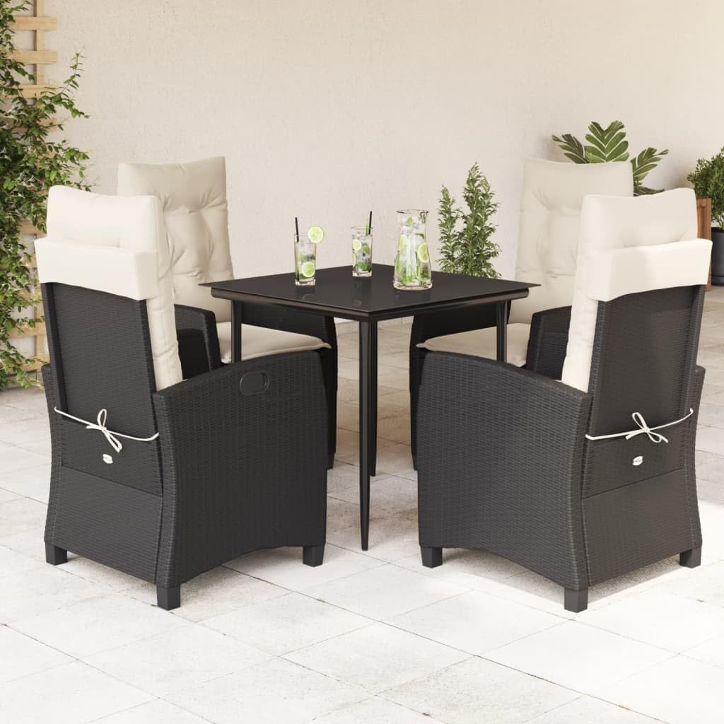 5-Piece Garden Dining Set, Black Poly Rattan, Cream White Cushions, Square Glass Top Table, Outdoor Patio Furniture, Balcony Dining