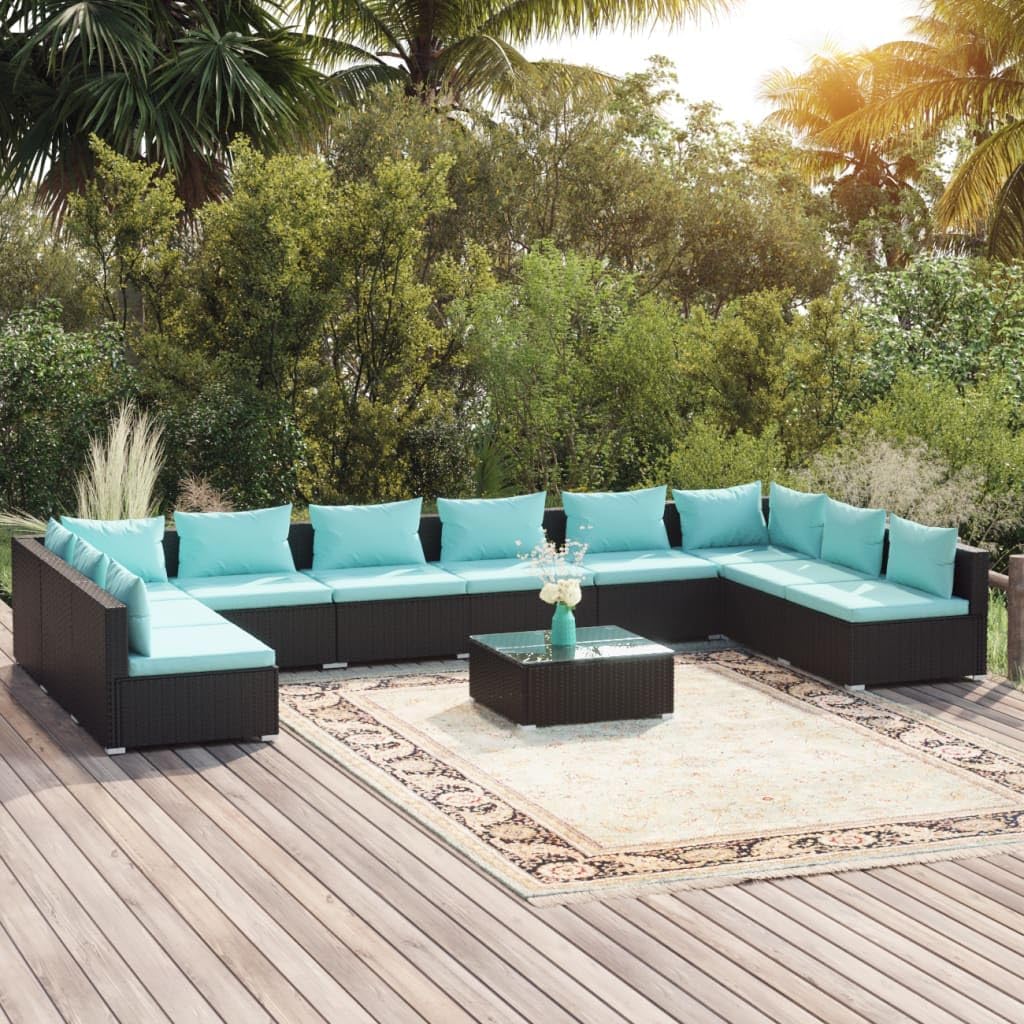 11 Piece Patio Lounge Set with Cushions Poly Rattan Black,Outdoor Patio Lounge Set with Comfortable Cushions: Modular Rattan Furniture for Relaxation Furniture Sets for Patio, Lawn & Garden