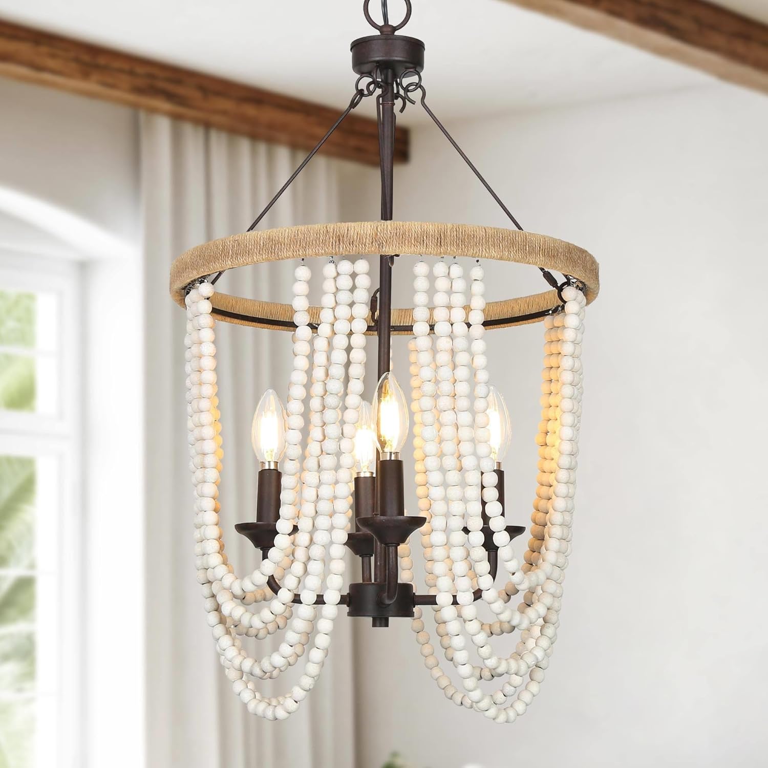 Boho Chandelier for Living Room, 4-Light Wood Beaded Chandelier Light Fixtures, Modern Chandelier Hanging Lights, Rust Texture and White Grey Wood Beads