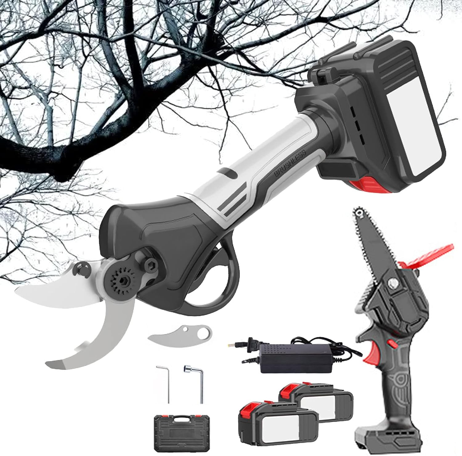 Electric Pruning Shear Professional Cordless Brushless Pruner Battery Powered Tree Branch Pruner Durable Branches Scissor Tool 40mm Cutting Diameter Power Branch Cutter for Branch Flowering Brushes