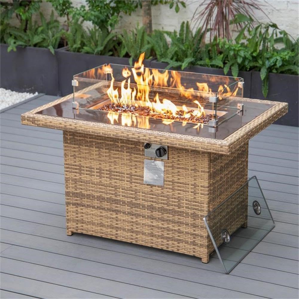 LeisureMod 44-Inch Propane Fire Pit Table, 50,000 BTU Auto-Ignition Gas Fire Pit with Lid, Tempered Glass Wind Guard & Decorative Stones, Light Brown