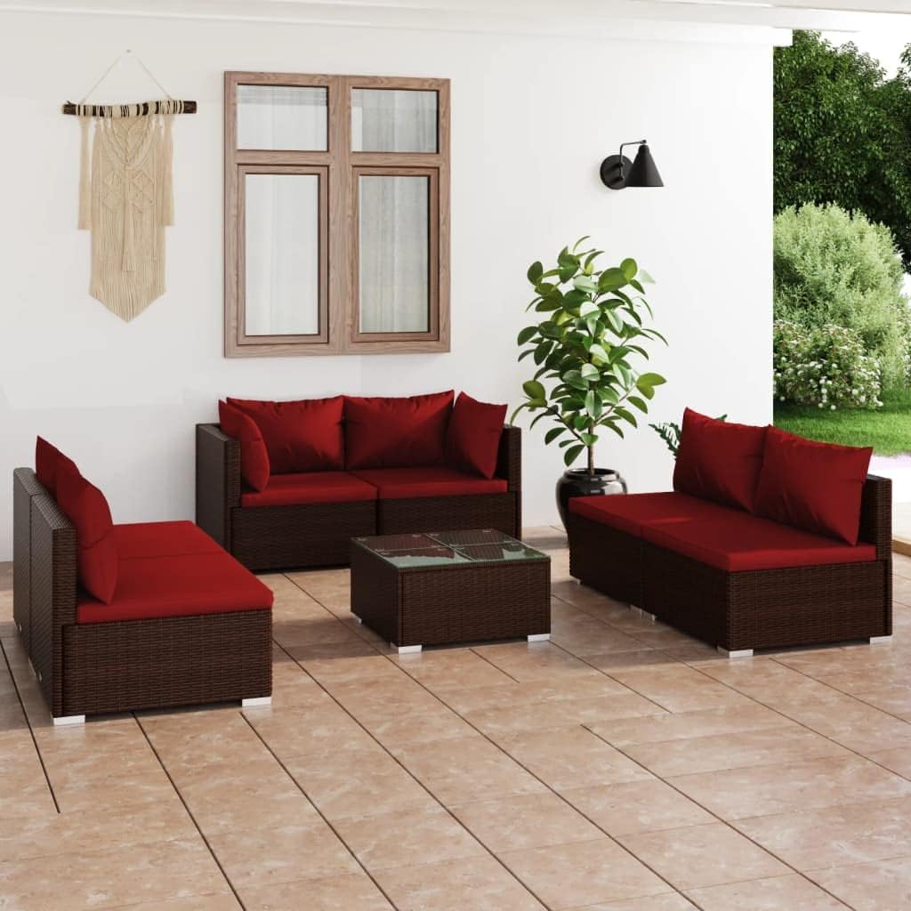 7 Piece Patio Lounge Set with Cushions Poly Rattan Brown,HighDurability Patio Lounge Set with Modular Design and Optimal Comfort for Outdoor Enjoyment Patio Furniture Sets, Outdoor Furniture Sets