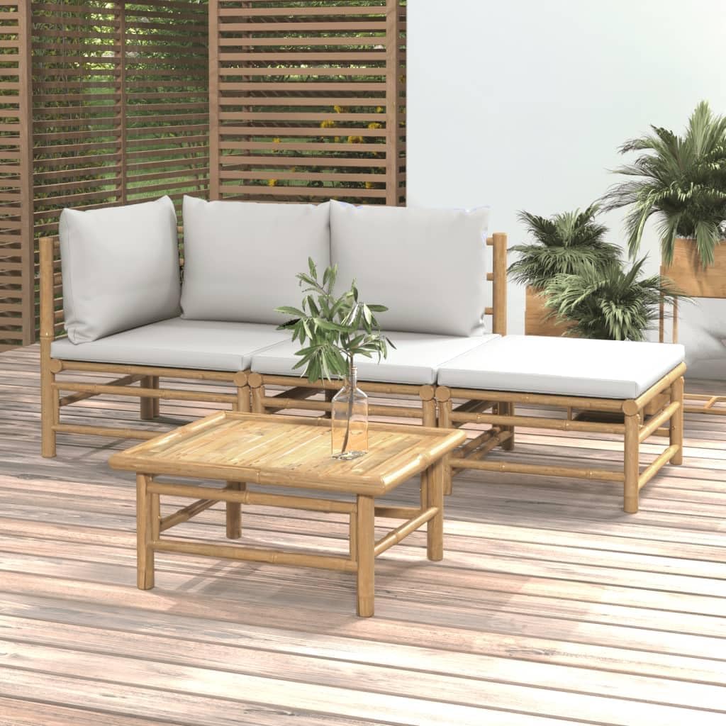 4 Piece Patio Lounge Set with Light Gray Cushions Bamboo,Elegant Bamboo Lounge Set: Enhance Your Outdoor Relaxation Patio Furniture Sets, Outdoor Furniture Sets