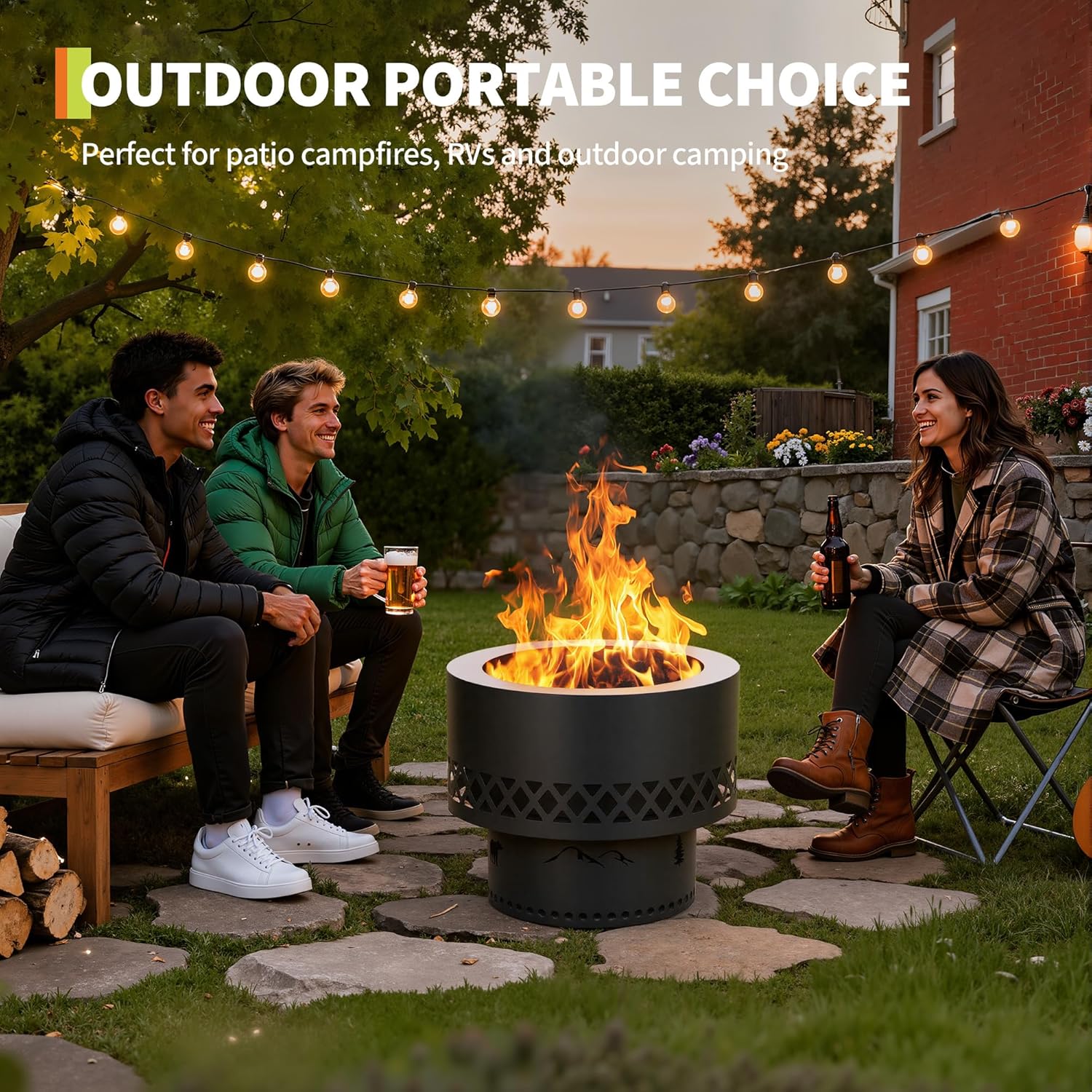 Smokeless Fire Pit 19in Wood Burning Firepit Table - Removable Ash Pan & Dust Bag Included - Outdoor Fireplace for Patio, Camping, Bonfire, Backyard BBQ