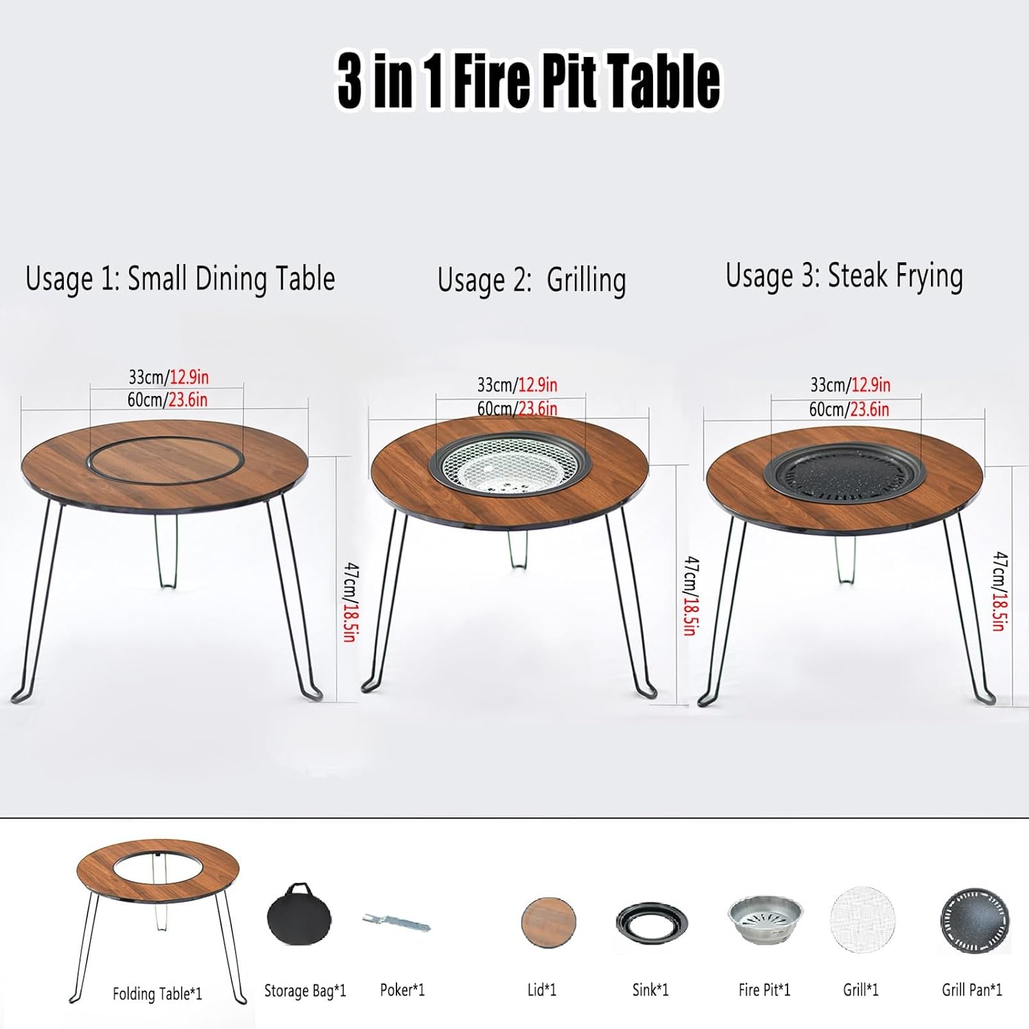 TemkIN Small Outdoor Fire Pit Table, 3 in 1 Lightweight Firepit Stove Table, Charcoal/Wood Burning Fire Pit Dining Table for Bonfire and Picnic, 23.6 * 23.6 Inch, Picture Color