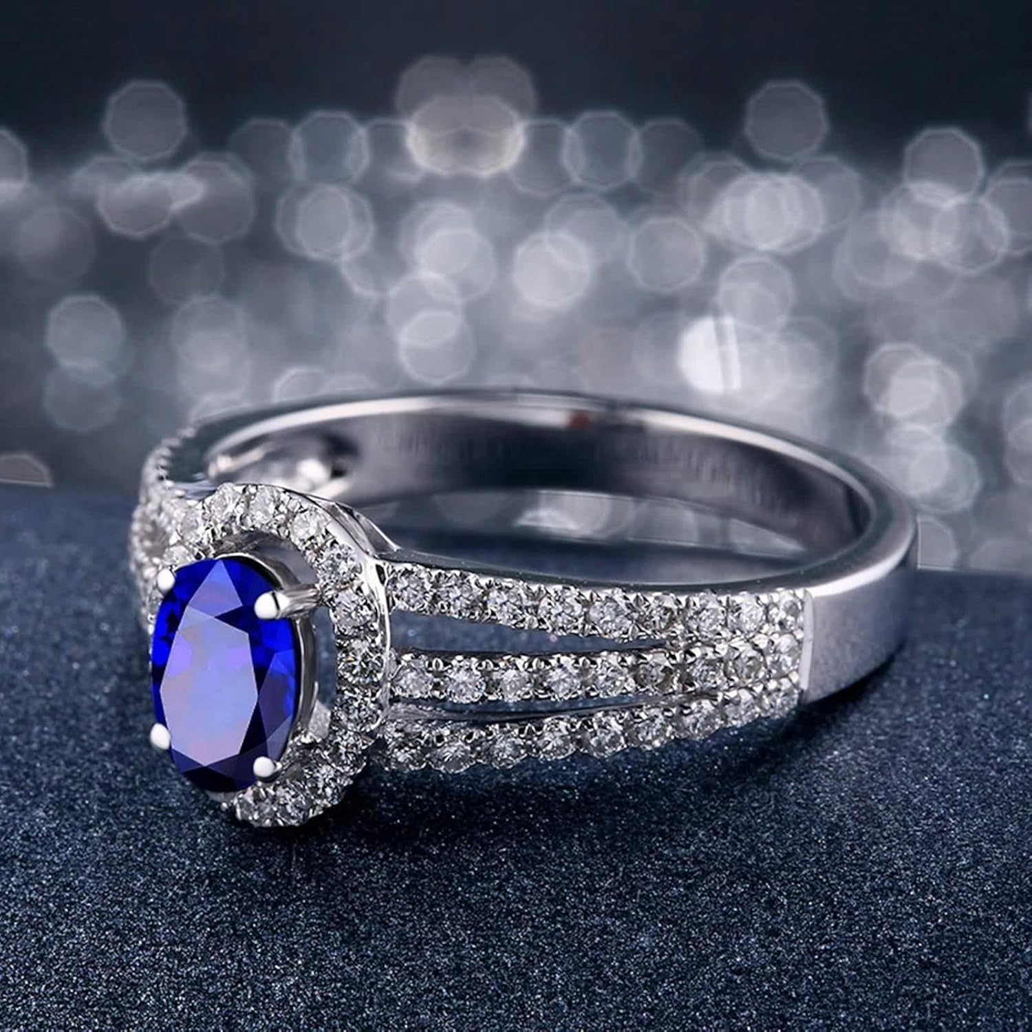 Wedding Rings for Women Halo, 18K White Gold Ring Band Oval Cut Blue Sapphire Micro Pave Diamond Comfort Fit