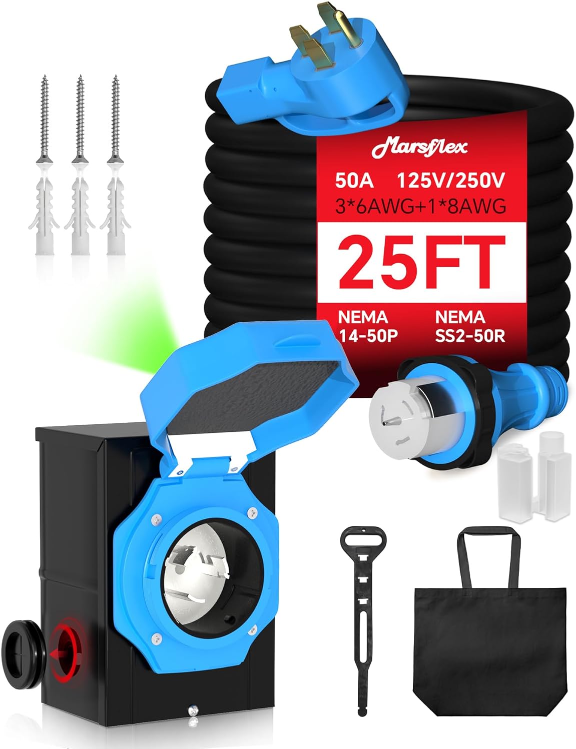 Marsflex 50 Amp Generator Cord and Power Inlet Box, 25FT 50 Amp Generator Cord, NEMA 14-50P / SS2-50R, for 125/250 Volt 12500 Watts, Weatherproof Outdoor Use with LED Power Indicator, ETL Listed