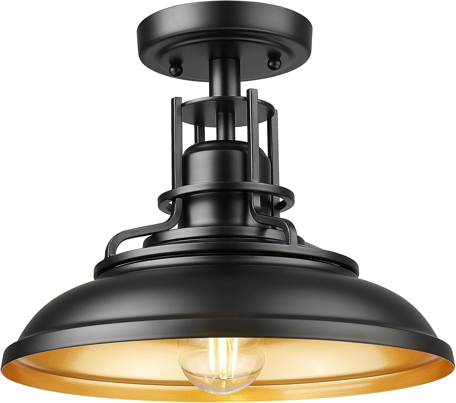 FEMILA Industrial Semi Flush Mount Ceiling Light, Outdoor Flush Mount Porch Light in Matte Black & Gold, 12
