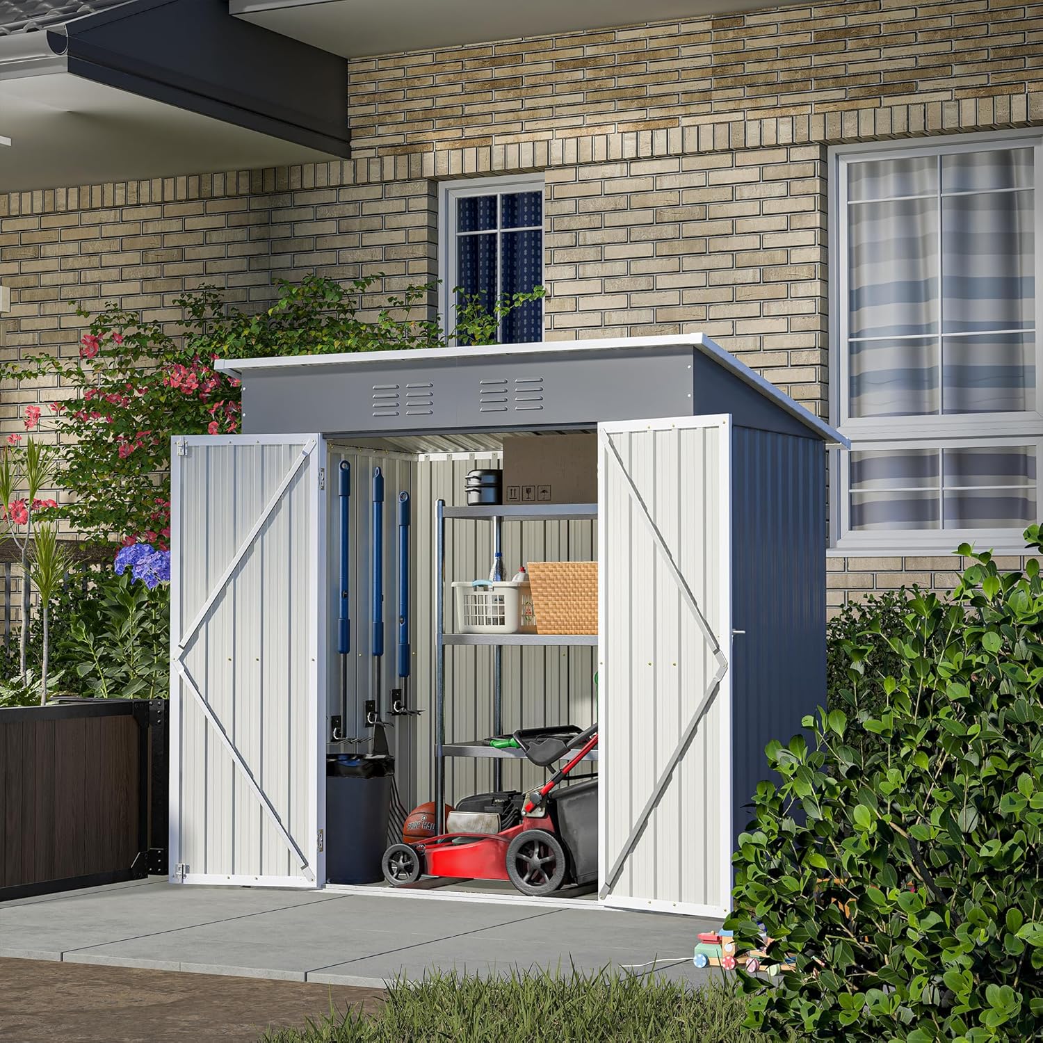 6x4 FT Outdoor Storage Shed with Lockable Double Doors, Aluminum Frame, Weatherproof with Frame Floor, Metal Tool Shed for Garden, Backyard, Patio, and Equipment Storage