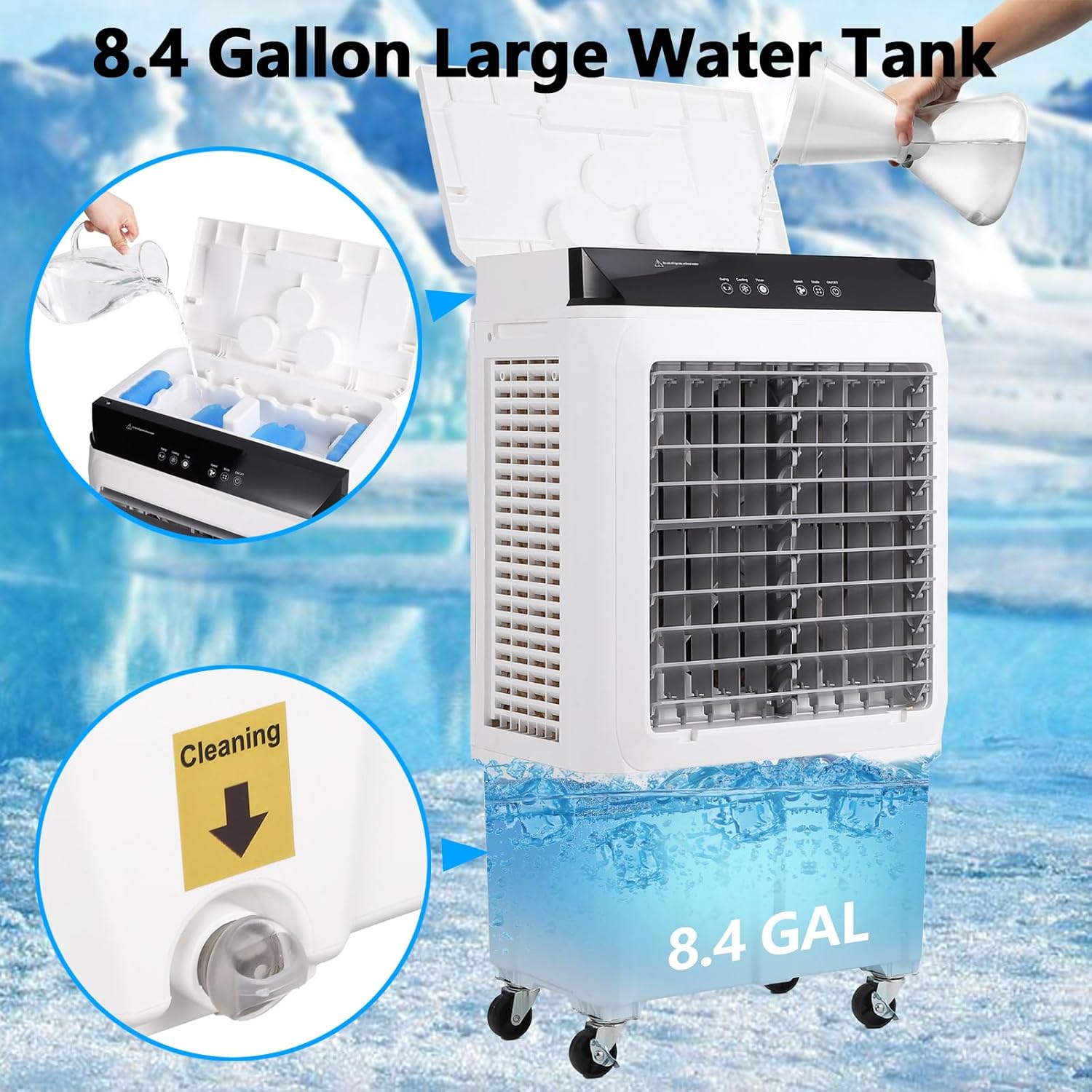 1800CFM 3-in-1 Swamp Cooler with Remote Control & 4 Ice Boxes, Portable Evaporative Air Cooler for Commercial Use, 8.4Gal Tank, 24H Timer & Remote Control, Indoor/Outdoor Cooling Fan