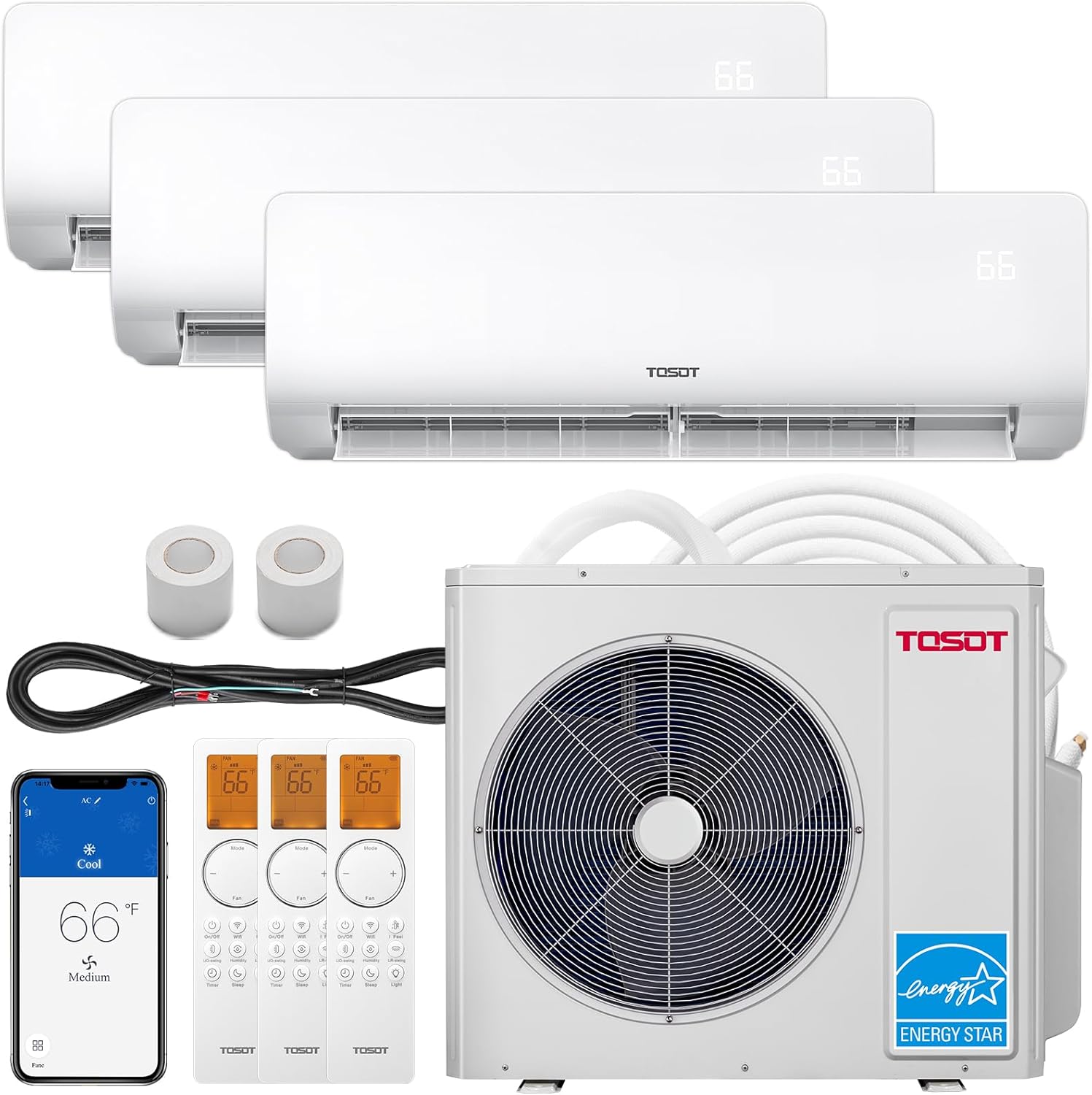 TOSOT 30,000 BTU Tri 3 Zone Mini Split AC with Heat Pump, 21 SEER2, 230V, Wifi-Enabled Ductless Inverter Split System with 16.4 ft Copper Line Set, 9,000 + 9,000 + 12,000 BTU, Cosmo Series