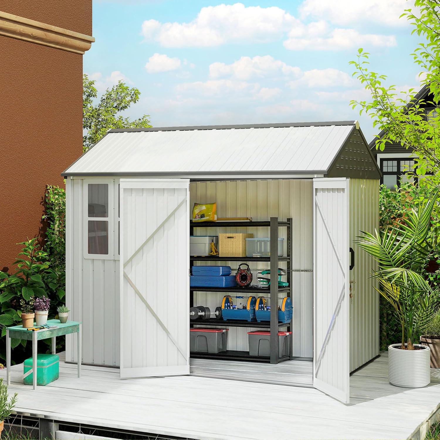 Outsunny 8' x 6' Outdoor Storage Shed, Metal Garden Shed with Window & Double Lockable Door, Outdoor Tool Shed Storage with Sloped Roof for Backyard, Patio, Garage, Lawn, White