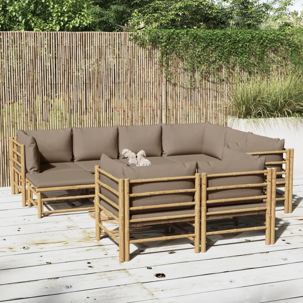 10 Piece Patio Lounge Set with Taupe Cushions Bamboo,Elegant Bamboo Patio Lounge Set: Durable, Comfortable, and Modular Patio Furniture Sets, Outdoor Furniture Sets