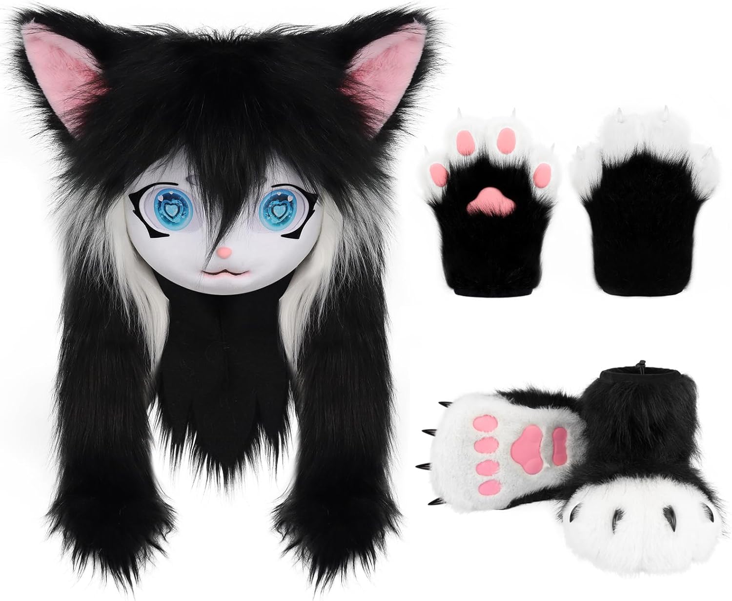 Cat Paw Mittens Gloves Furry Shoes Fursuit Animal Head Mask Halloween Masquerade Costume Accessories Set
