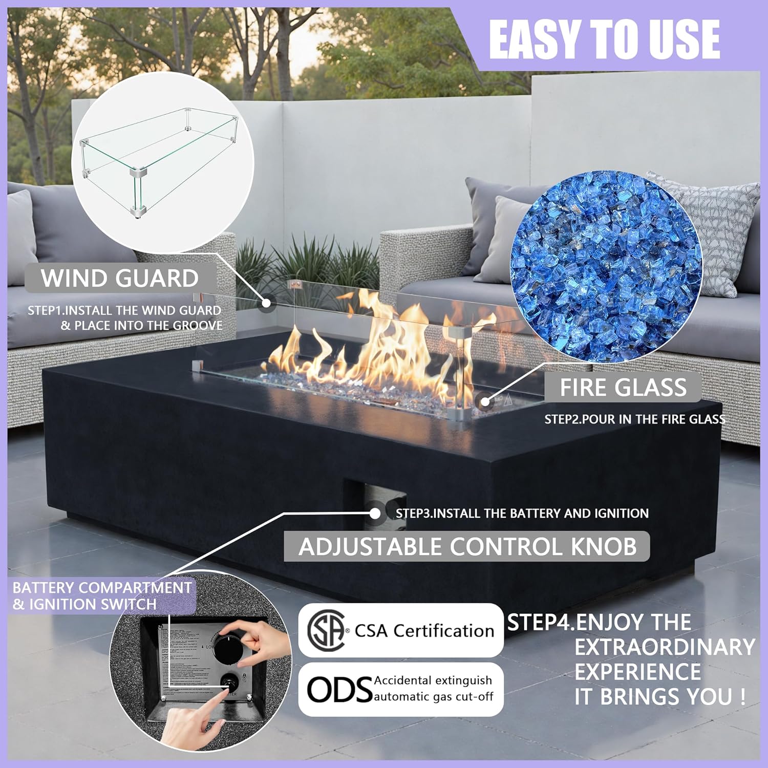 EXPLUX Outdoor Propane Gas Fire Pit Table 65,000 BTU 52-inch Concrete(GFRC) Rectangle Fire Pit for Outside Patio with 304 Stainless Steel Burner,Wind Guard,Crystal Blue Fire Glass,Rain Cover,Black