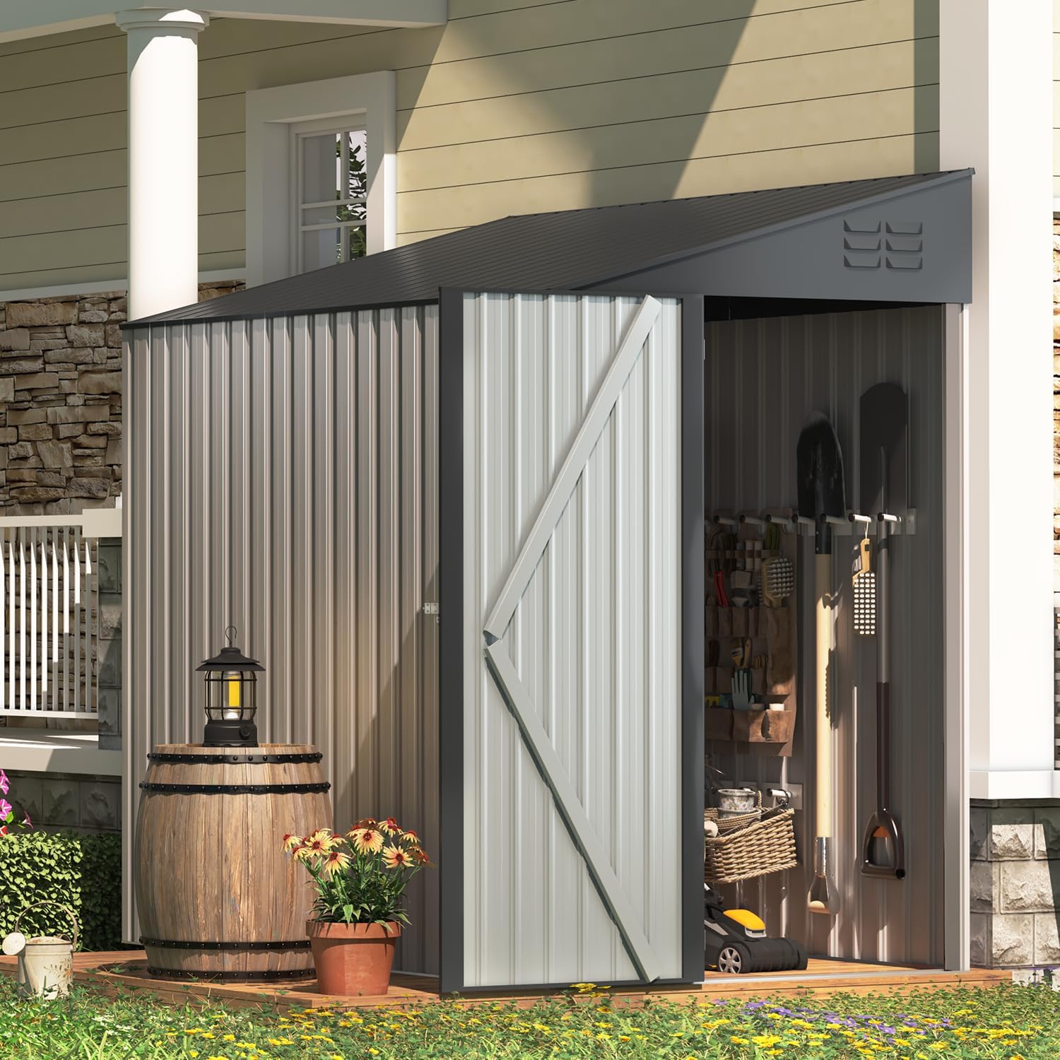 AECOJOY 4' x 6' Lean to Shed - Small Metal Shed & Outdoor Storage Cabinet for Garden, Backyard Use in Grey