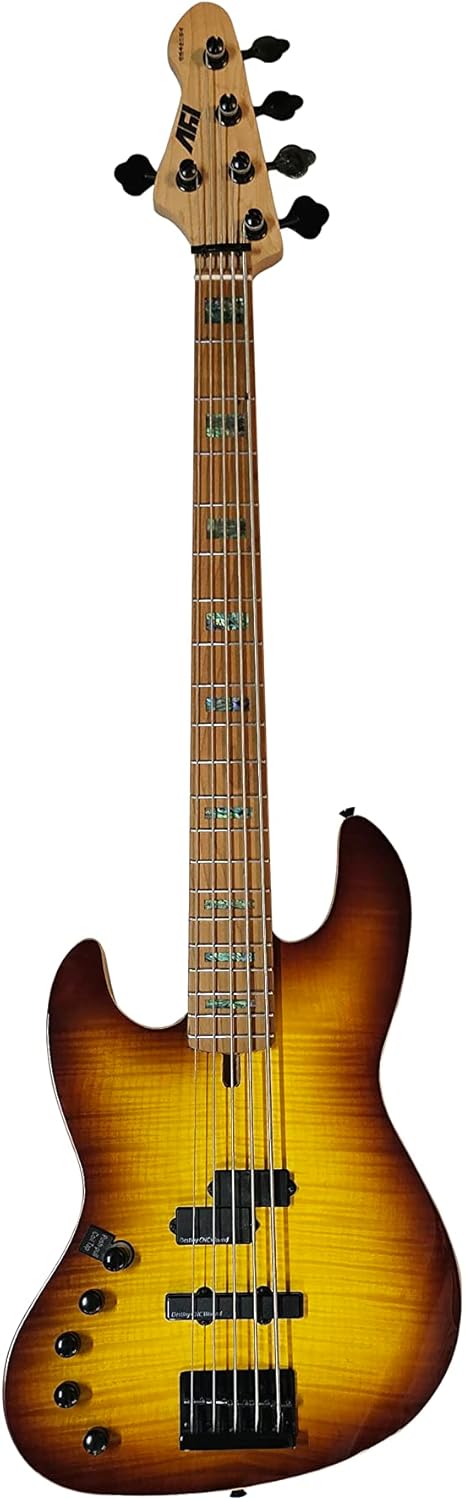 IYV-IPJB-500A LH, 5 String Solid Body with Flame Maple Electric Jazz Bass, Honey Burst, Left hand