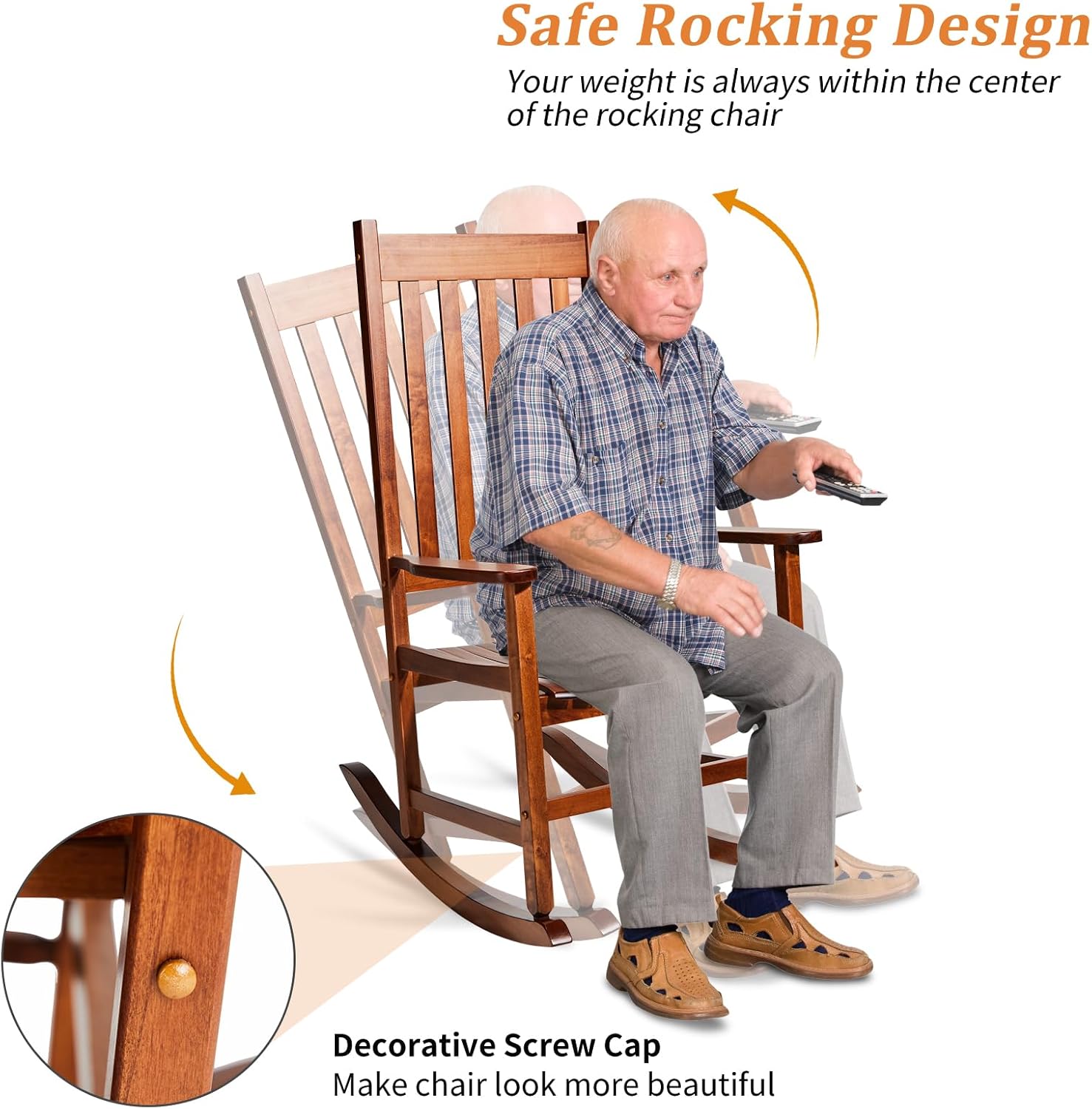 Outvita Outdoor Rocking Chair Set of 2, Solid Wood High Back Rocker, All Weather Lounge Chair for Porch Patio Fire Pit Garden Backyard Deck Indoor, Natural