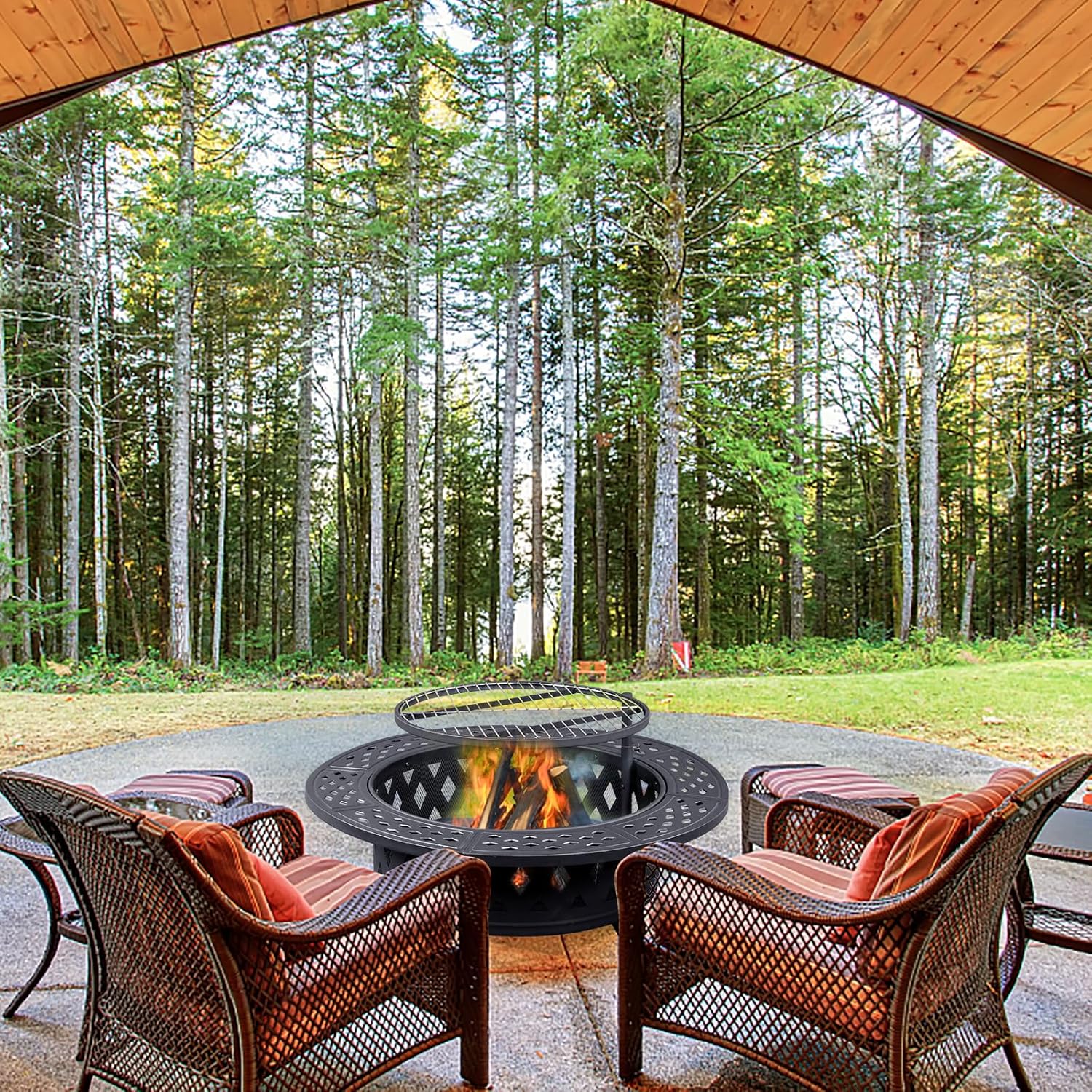 38-inch Black Metal Fire Pit with Adjustable Cooking Grates - Large Outdoor Wood-Burning Bonfire Pit for Patio, Backyard & Garden Gathering​