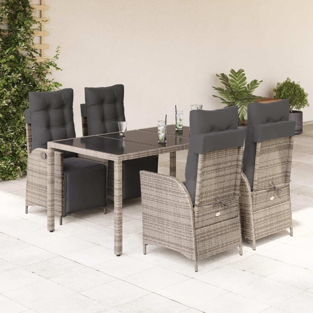 5 Piece Patio Dining Set with Cushions Gray Poly Rattan,Versatile Garden Dining Set with Reclining Chairs and Durable PE Rattan Construction Furniture Sets for Patio, Lawn & Garden