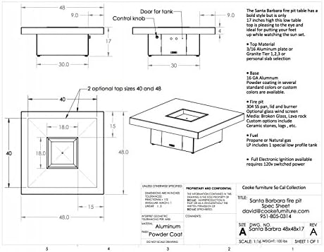 COOKE Santa Barbara 40 x 40 Square Fire Pit Table - Grey Powdercoat Aluminum Top - Natural Gas (Beige Powdercoat Base)