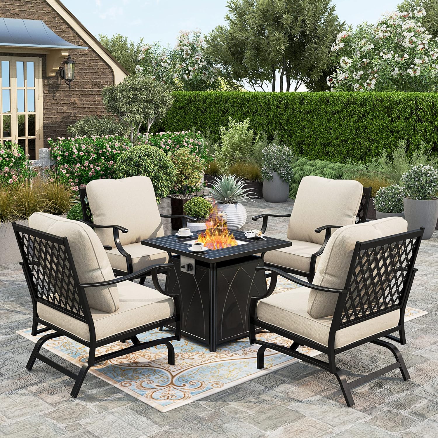 HERA'S HOUSE 5 Pieces Patio Furniture Set with Fire Pit Table, 4 x Thick Cushioned Rocking Chairs, 1 x 28 Fire Pit Table (50,000 BTU), Outdoor Conversation Set for Garden, Backyard, Lawn